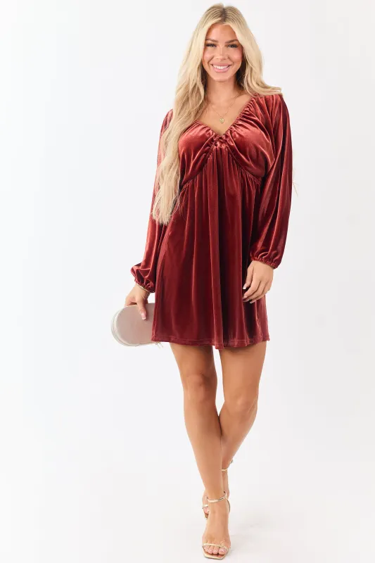 Rust Velvet Long Sleeve V Neck Mini Dress sold by Lime Lush
