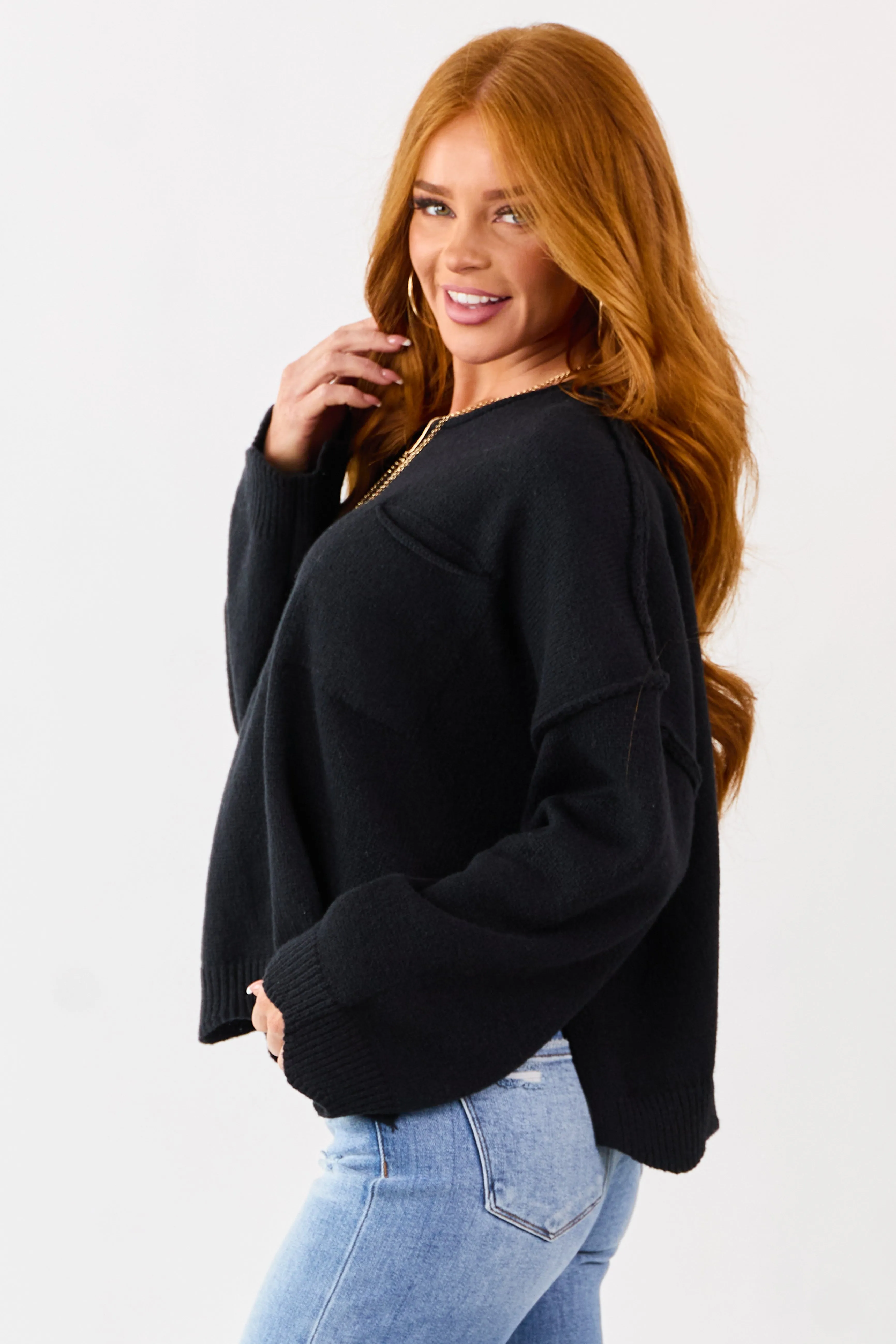 Lovelo Black Scallop Trim Relaxed Sweater sold by Lime Lush product image thumbnail 4