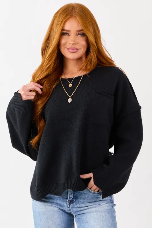 Lovelo Black Scallop Trim Relaxed Sweater sold by Lime Lush