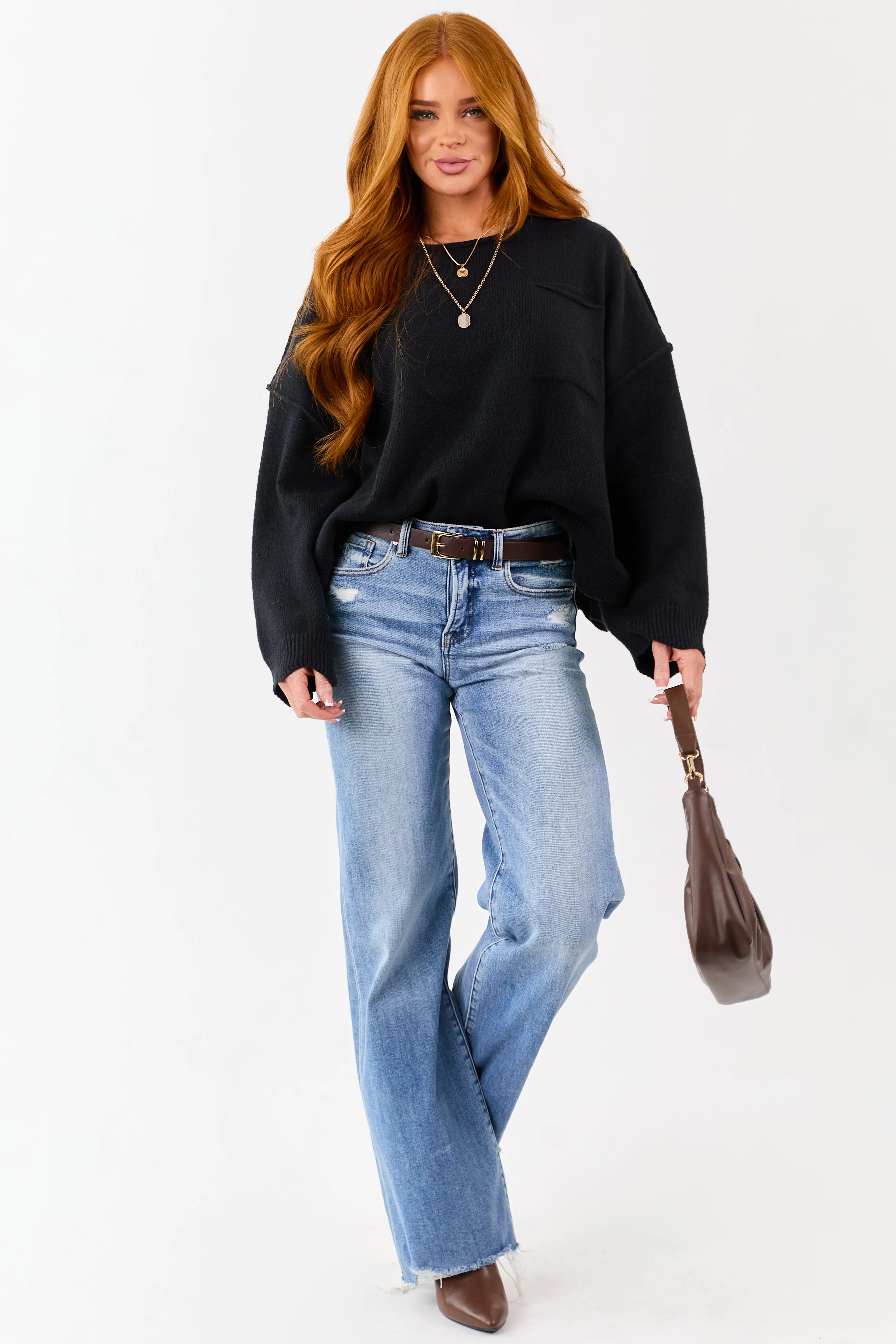 Lovelo Black Scallop Trim Relaxed Sweater sold by Lime Lush product image thumbnail 3