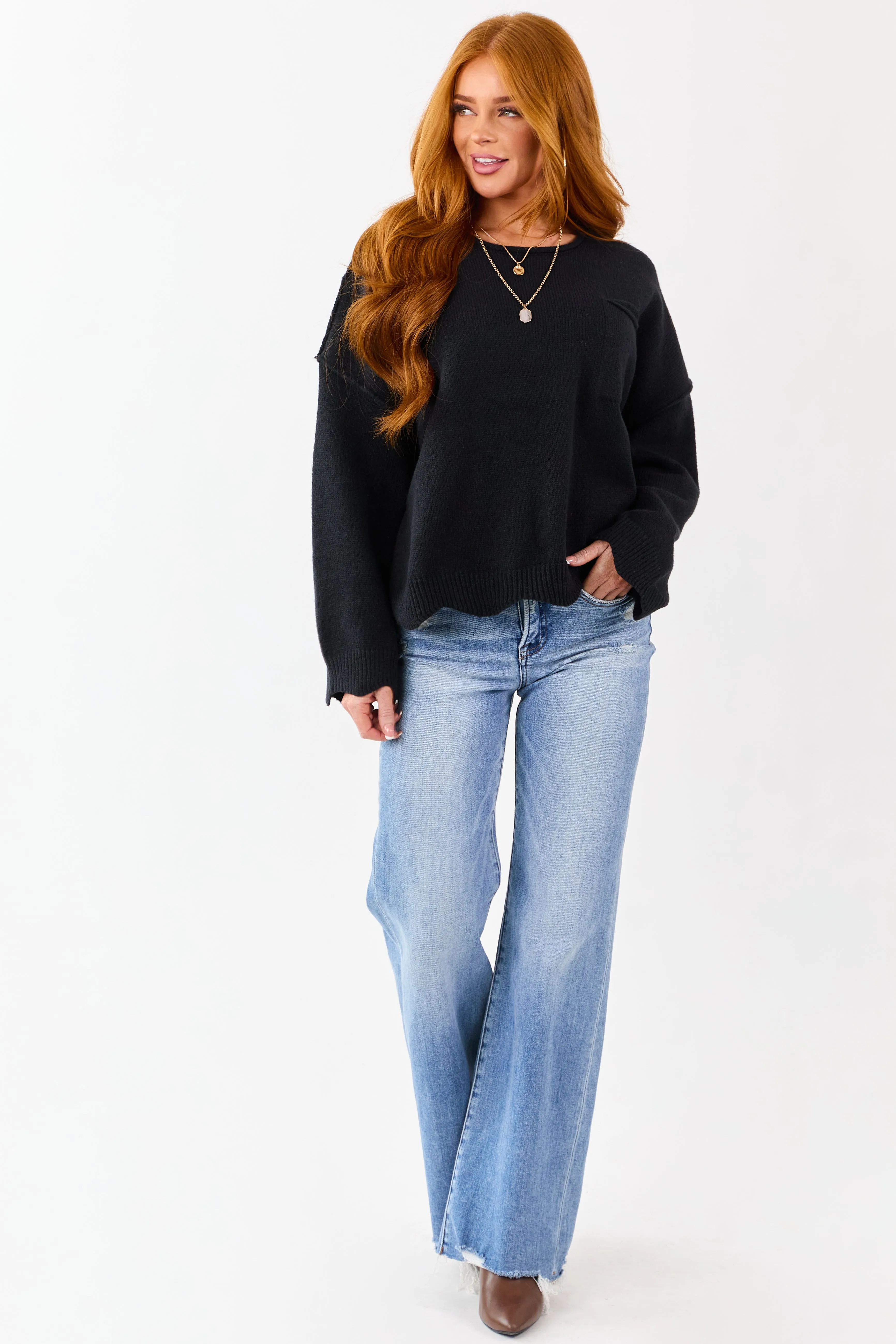 Lovelo Black Scallop Trim Relaxed Sweater sold by Lime Lush product image thumbnail 2