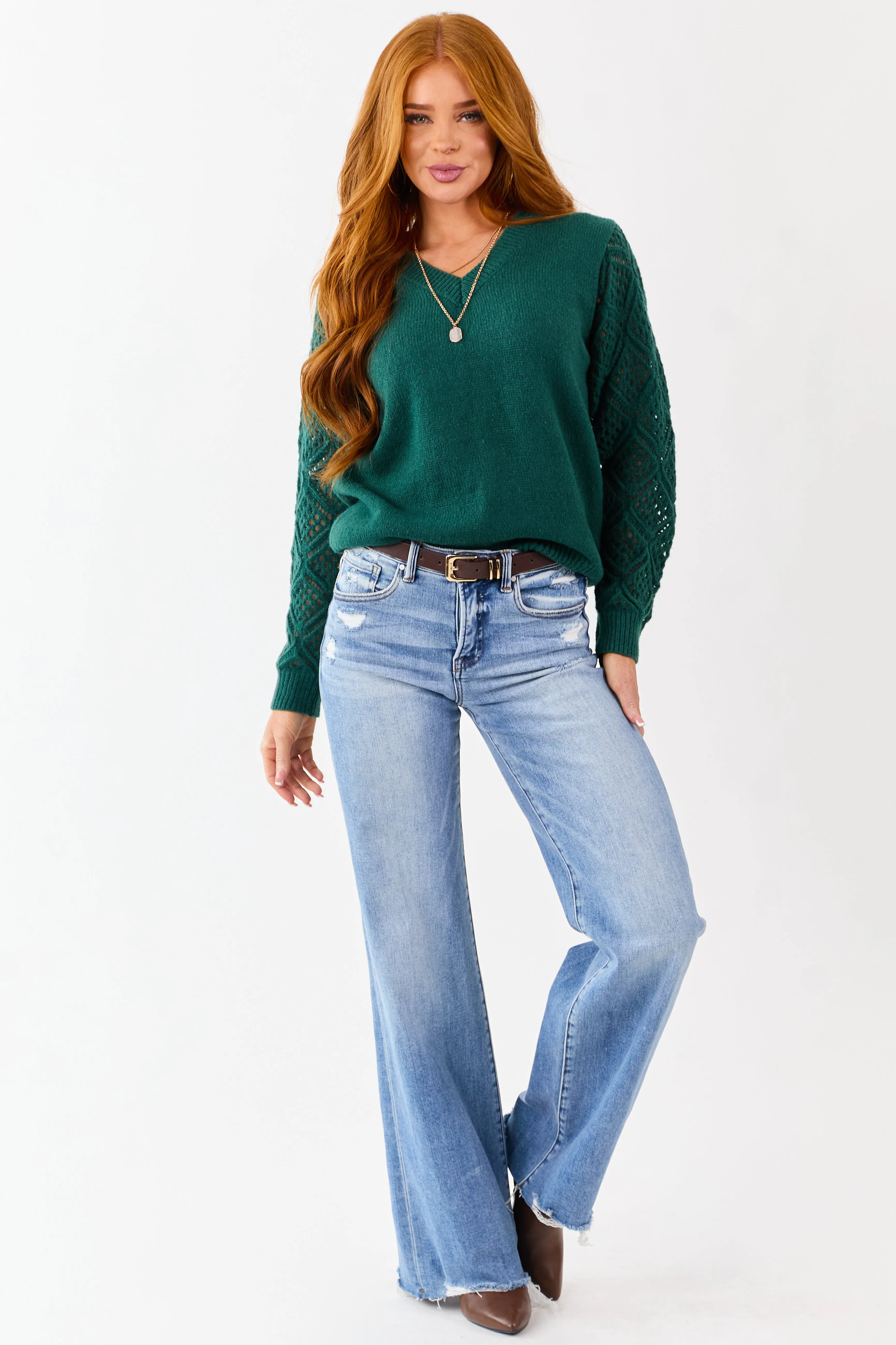Pine Open Knit Sleeve V-Neck Pullover Sweater sold by Lime Lush product image thumbnail 3