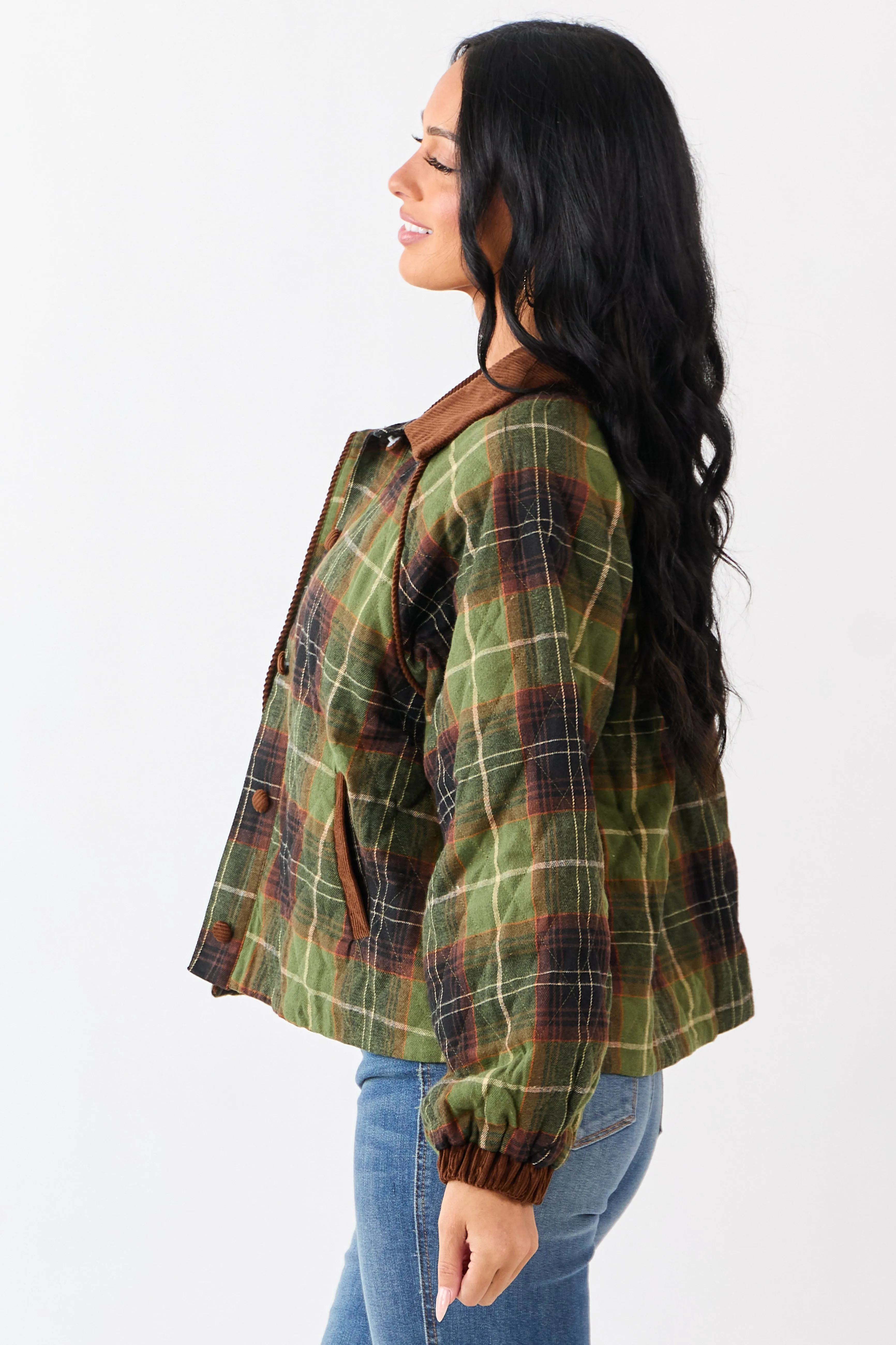 Olive Cotton Quilted Plaid Contrast Corduroy Jacket sold by Lime Lush product image thumbnail 4