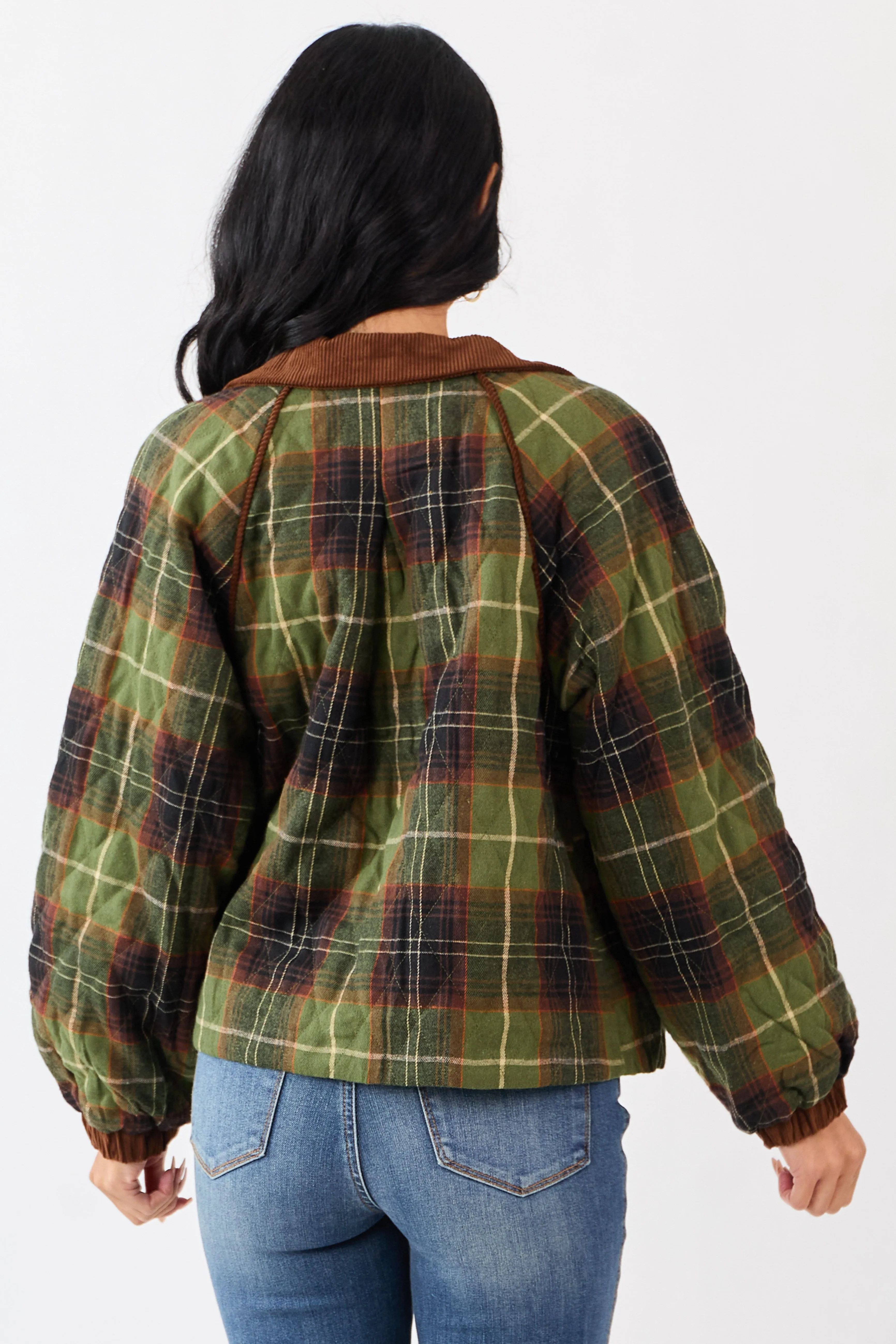 Olive Cotton Quilted Plaid Contrast Corduroy Jacket sold by Lime Lush product image thumbnail 5