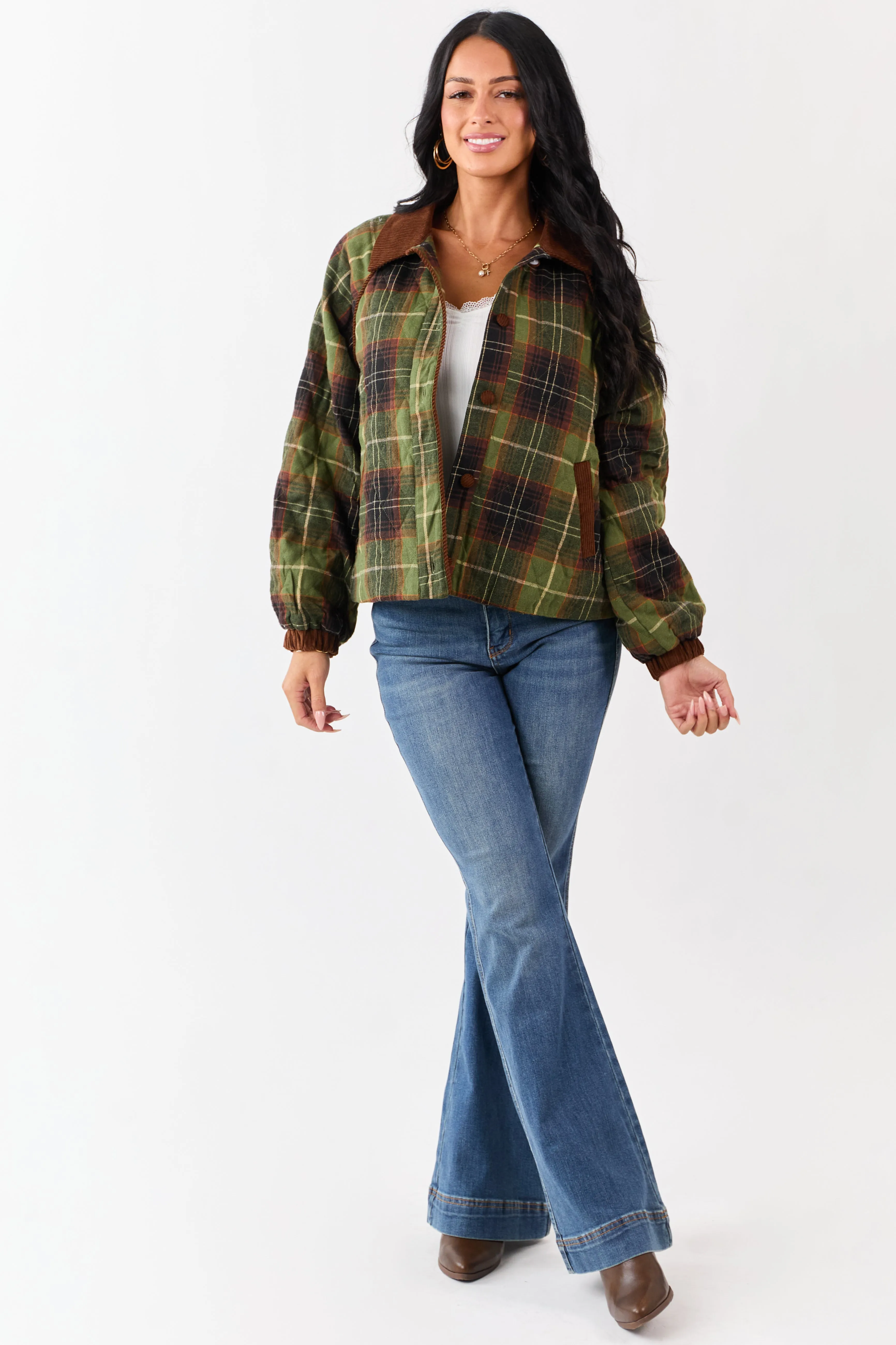 Olive Cotton Quilted Plaid Contrast Corduroy Jacket sold by Lime Lush product image thumbnail 2