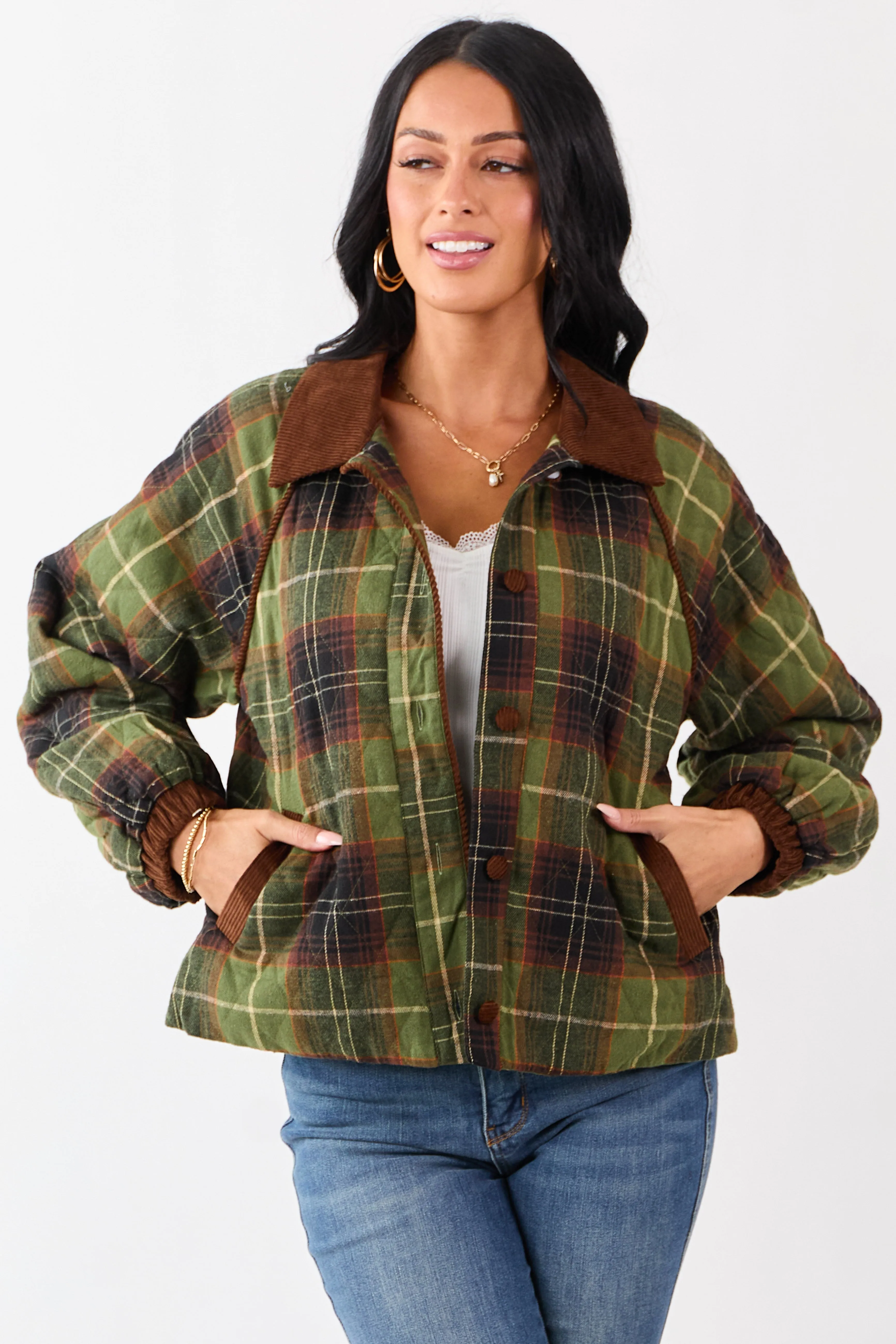 Olive Cotton Quilted Plaid Contrast Corduroy Jacket sold by Lime Lush