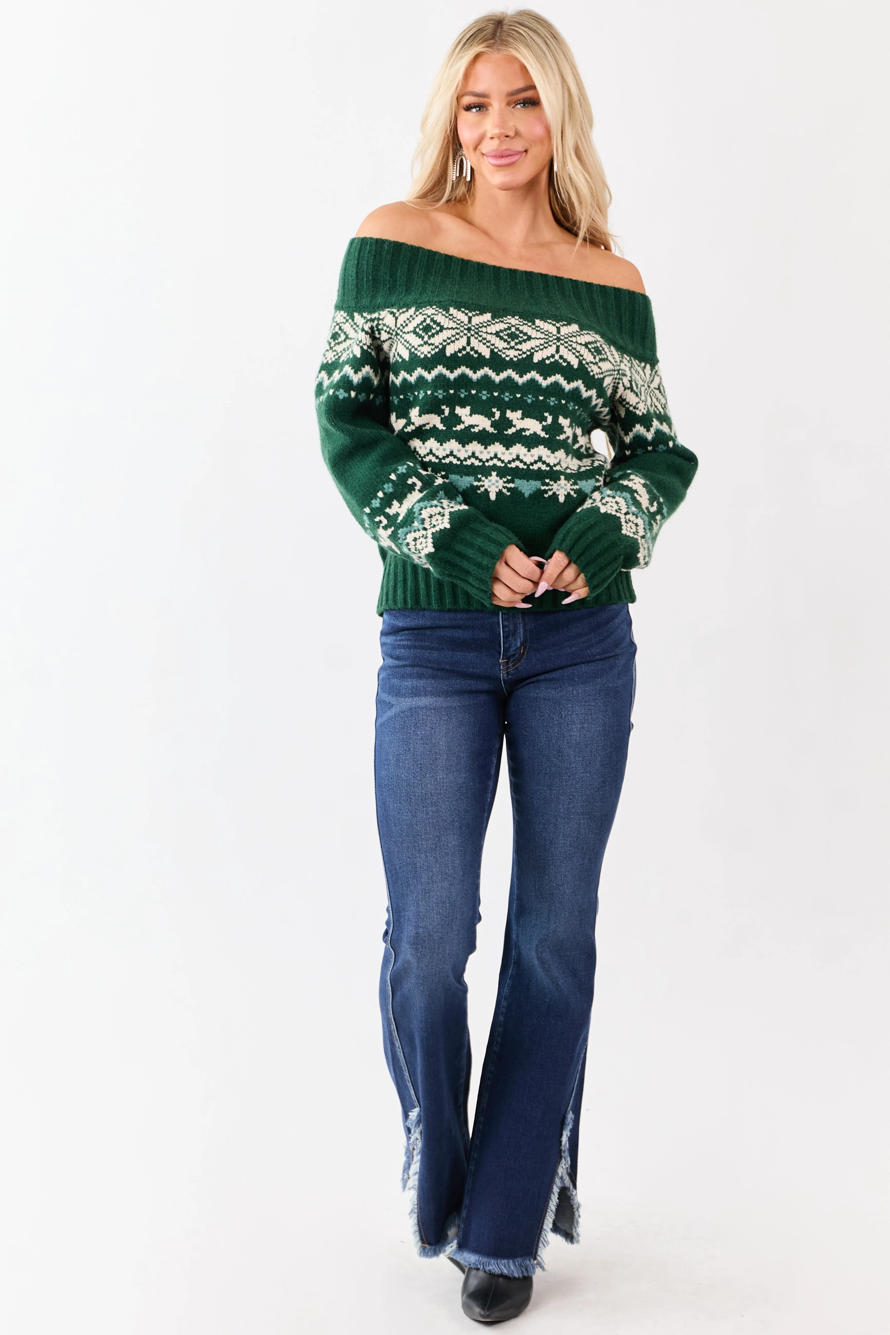 Hunter Green Fair Isle Pattern Off Shoulder Knit Sweater sold by Lime Lush product image thumbnail 3