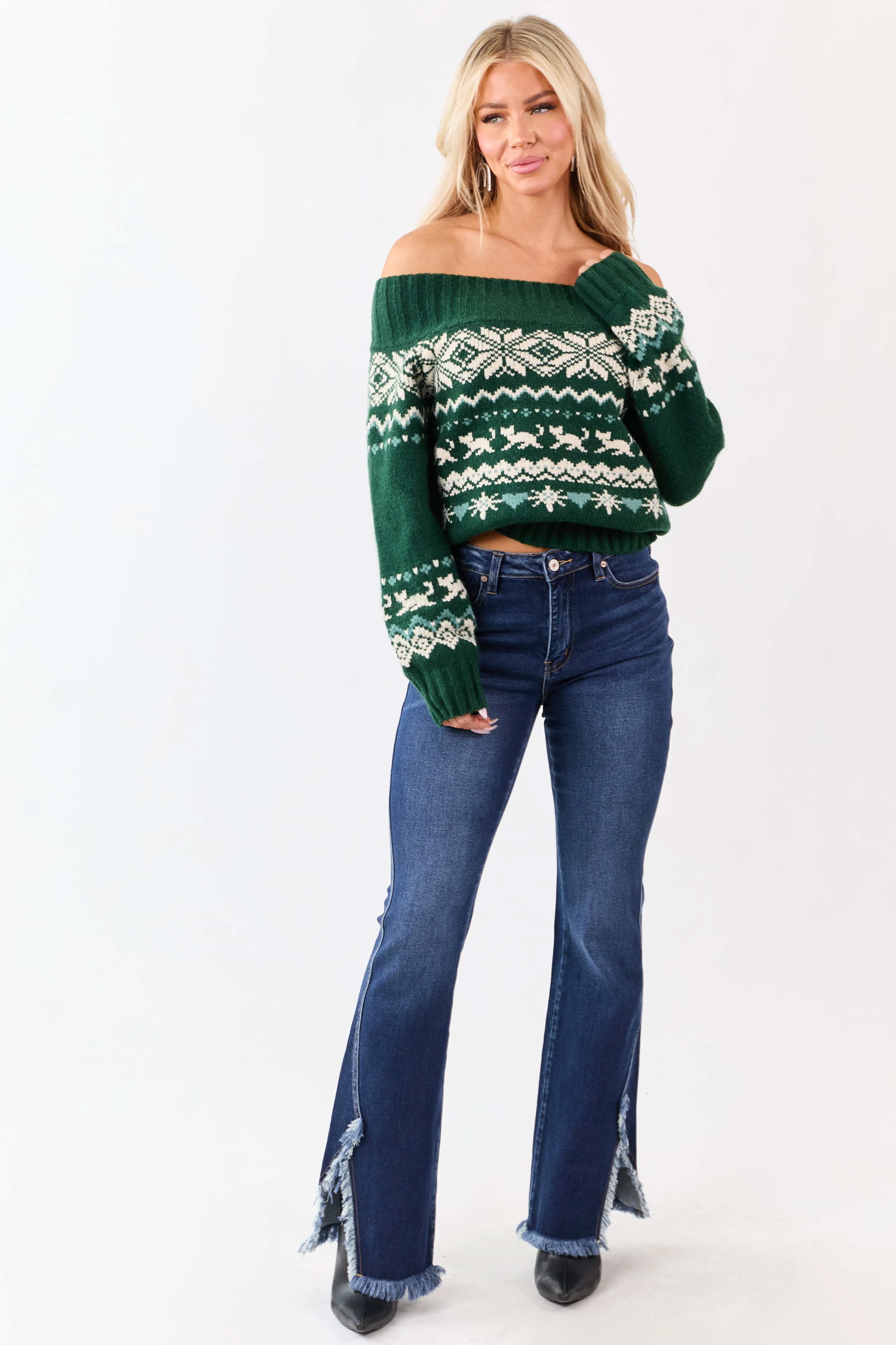 Hunter Green Fair Isle Pattern Off Shoulder Knit Sweater sold by Lime Lush product image thumbnail 2