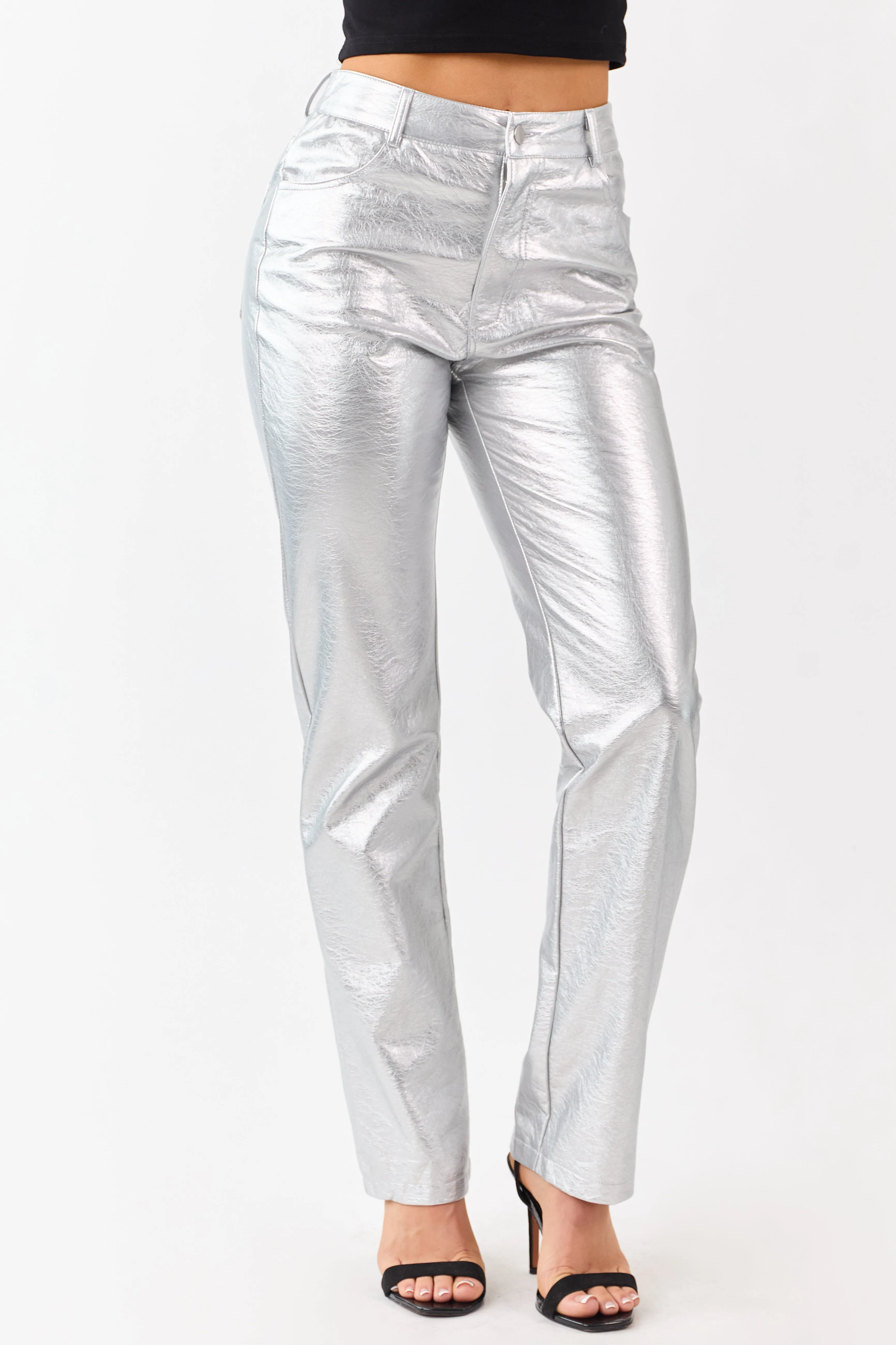 Silver Metallic Faux Leather Straight Leg Pants sold by Lime Lush product image thumbnail 3