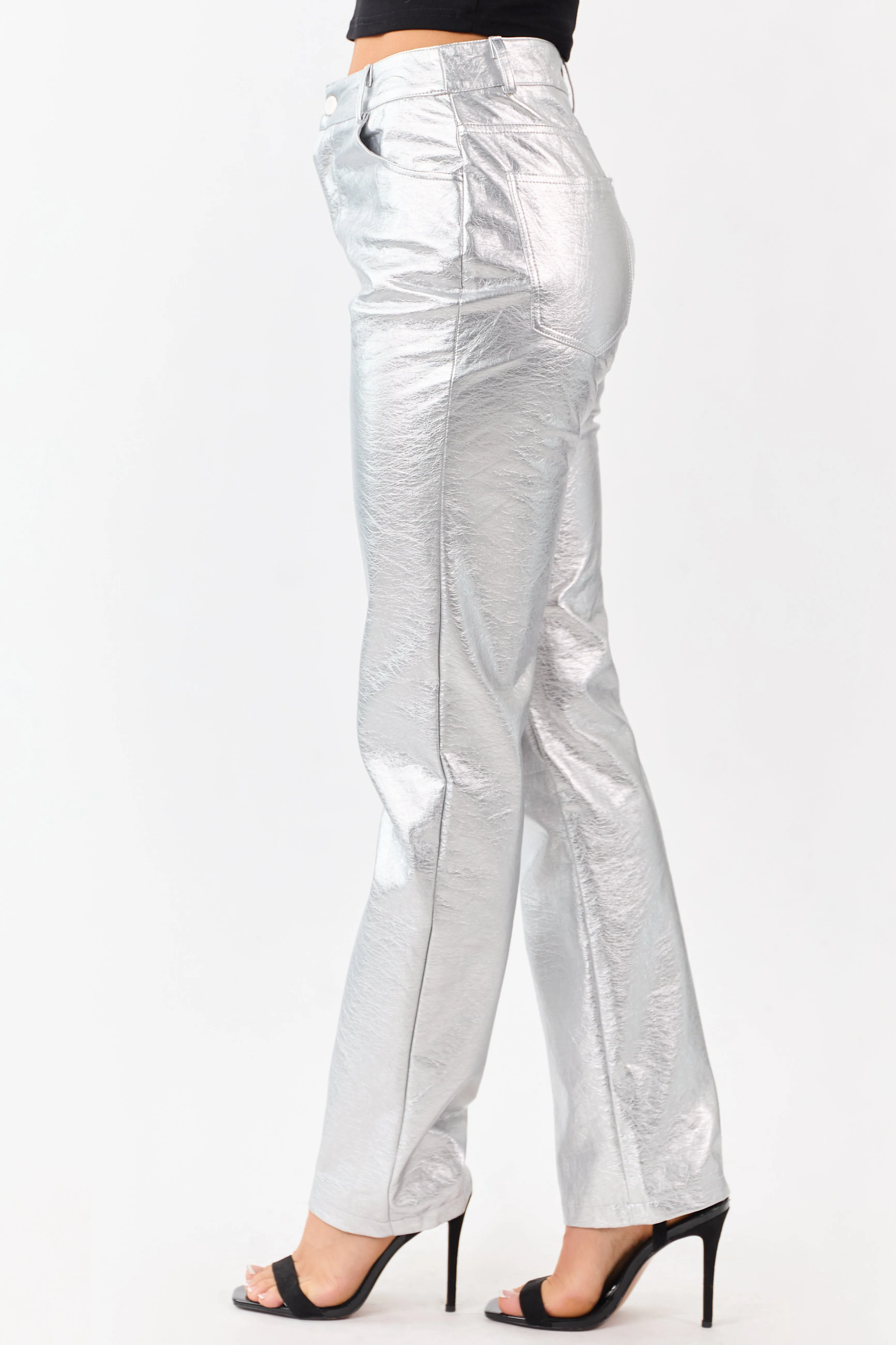 Silver Metallic Faux Leather Straight Leg Pants sold by Lime Lush product image thumbnail 4