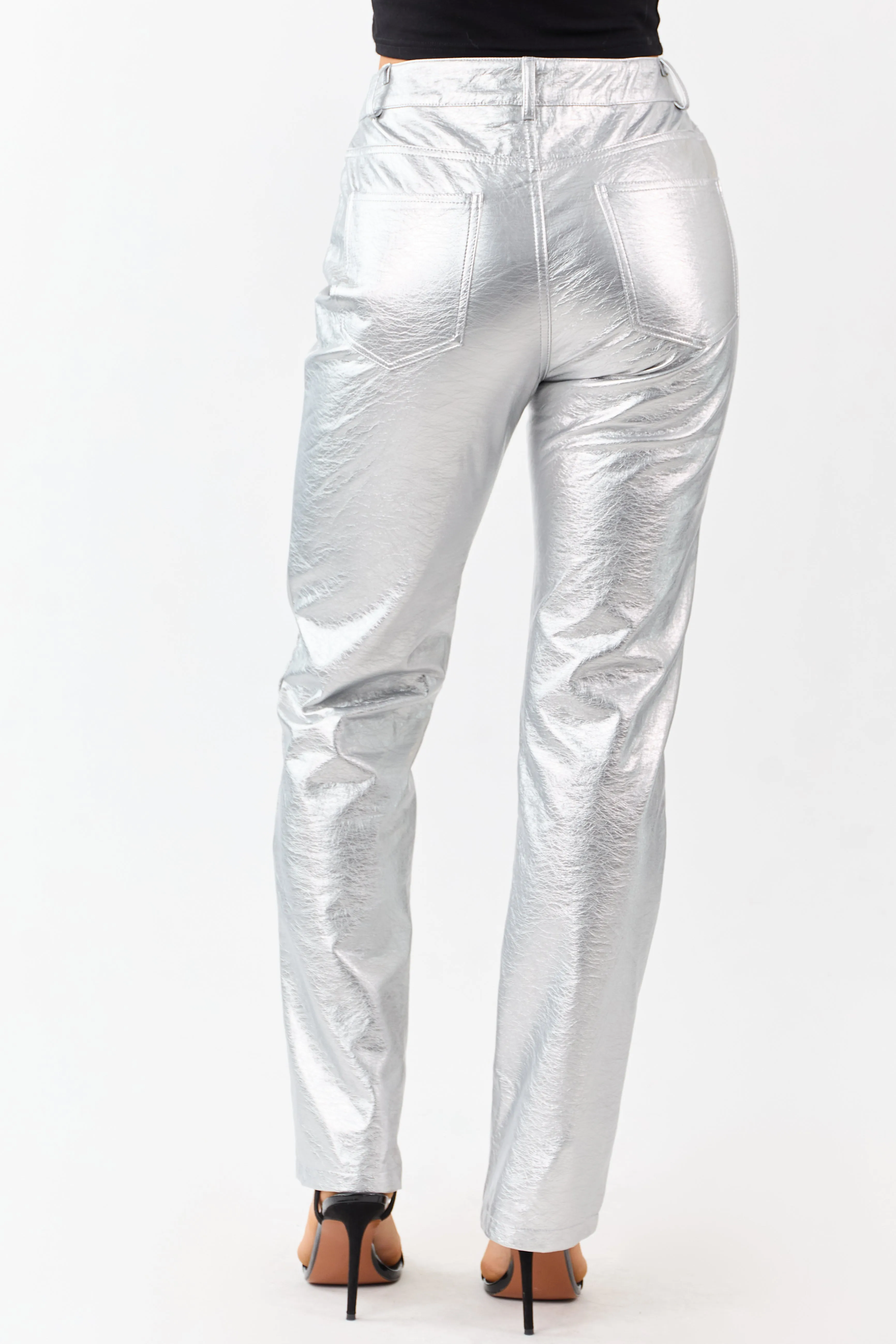 Silver Metallic Faux Leather Straight Leg Pants sold by Lime Lush product image thumbnail 5