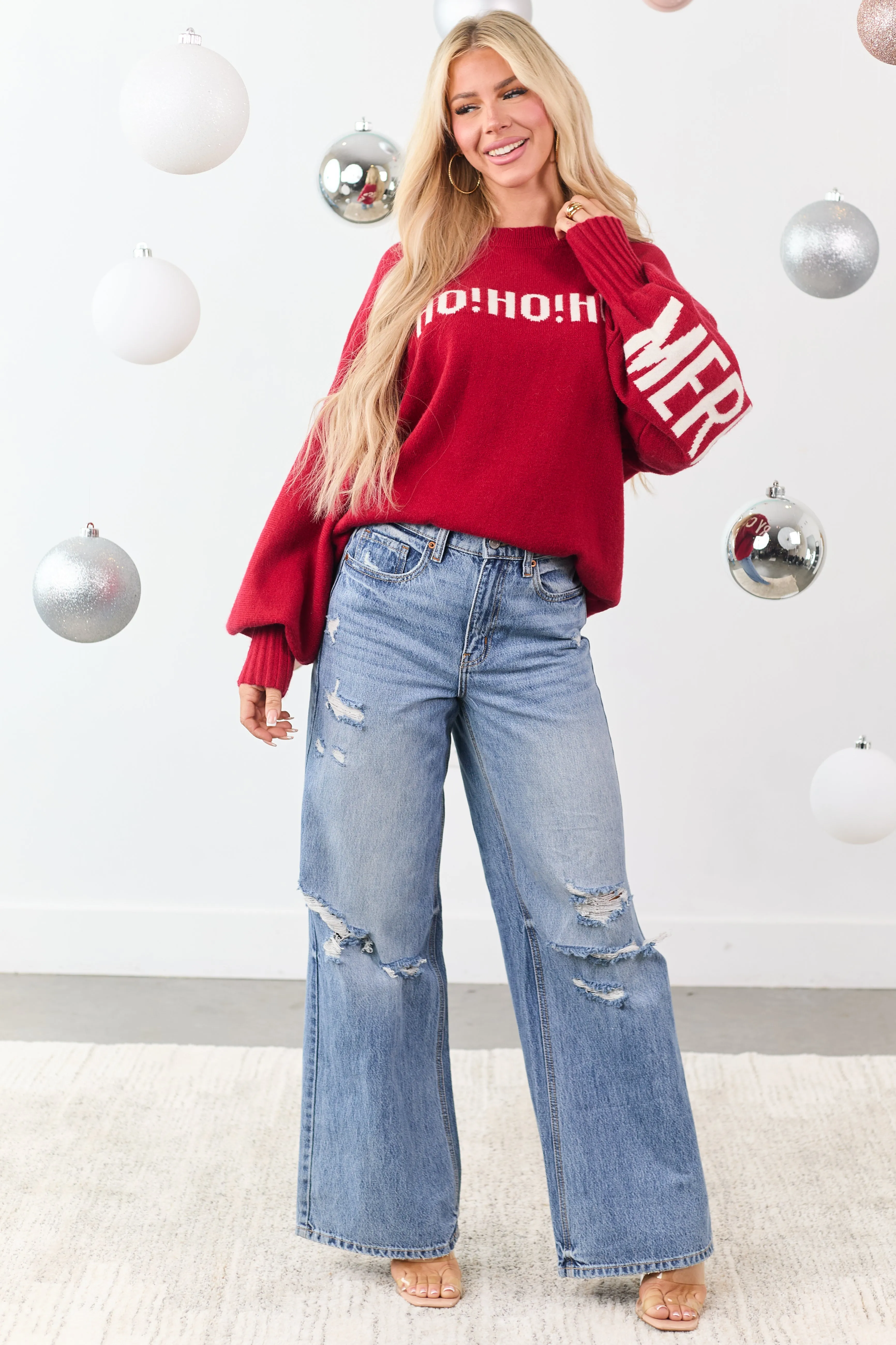 Mello Ruby 'HO HO HO' Christmas Lettering Sweater sold by Lime Lush product image thumbnail 4