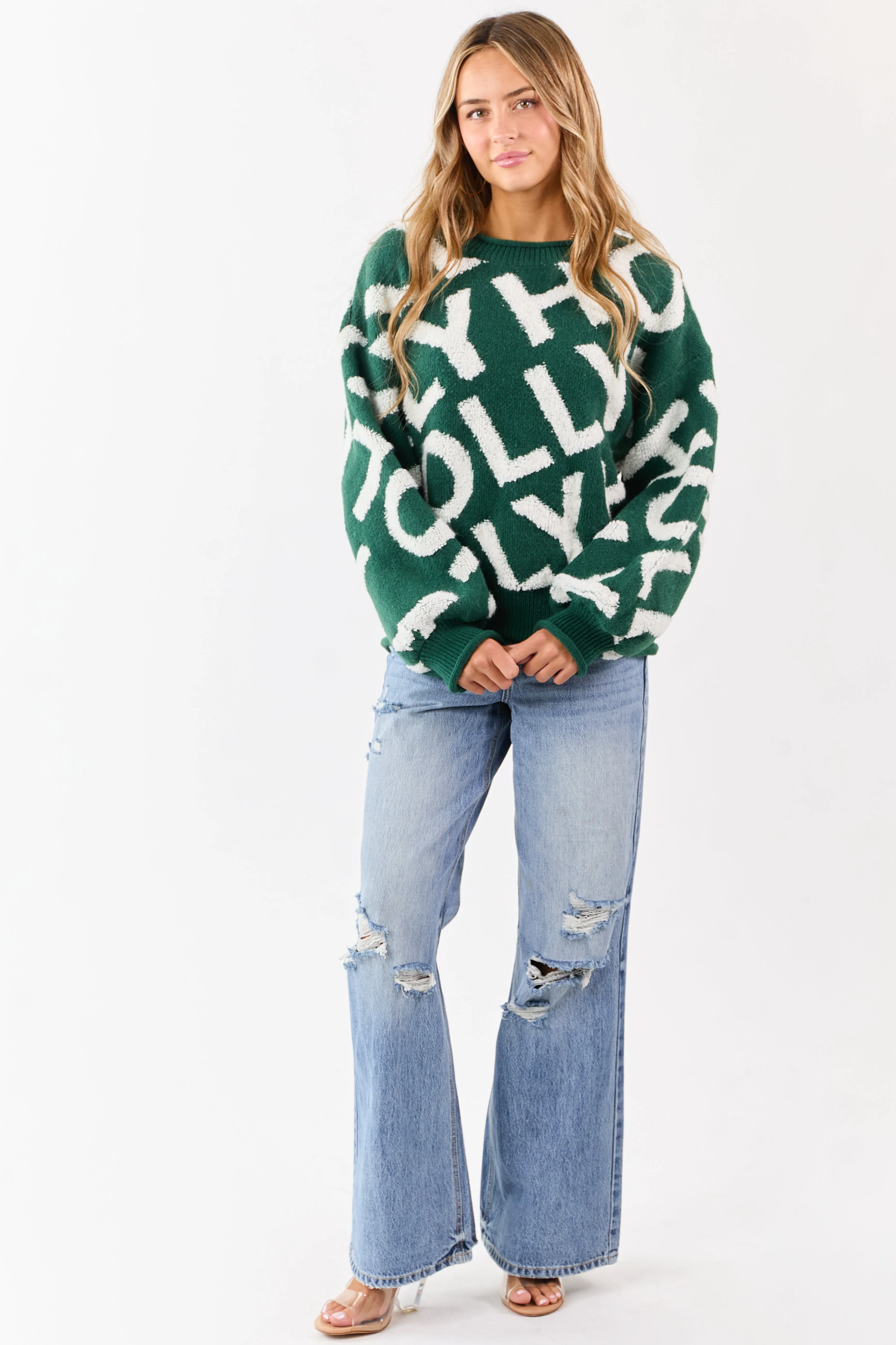 Mello Hunter Green 'Holly' Lettering Relaxed Sweater sold by Lime Lush product image thumbnail 3