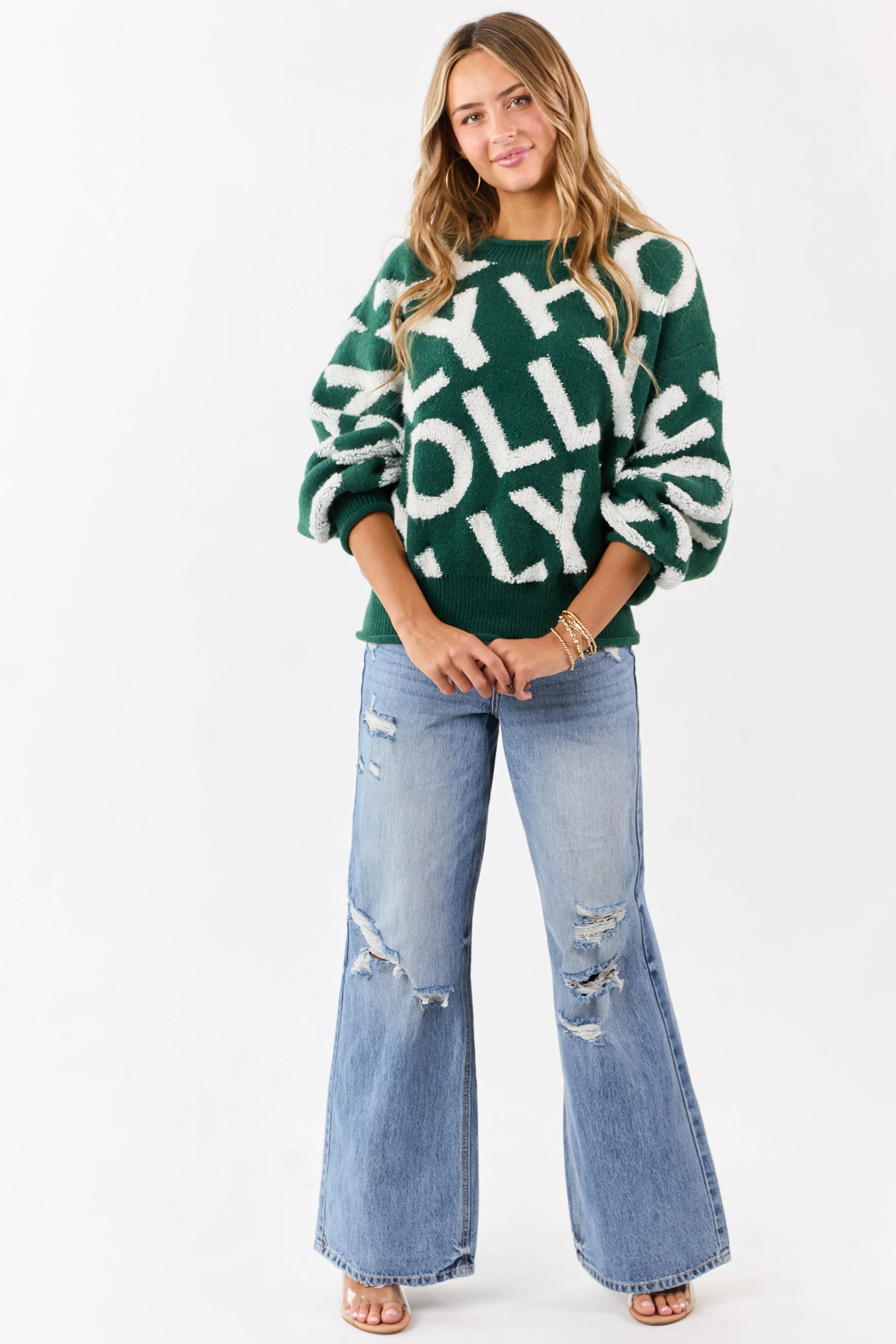 Mello Hunter Green 'Holly' Lettering Relaxed Sweater sold by Lime Lush product image thumbnail 2