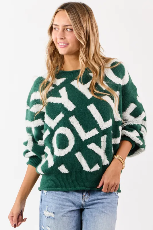 Mello Hunter Green 'Holly' Lettering Relaxed Sweater sold by Lime Lush