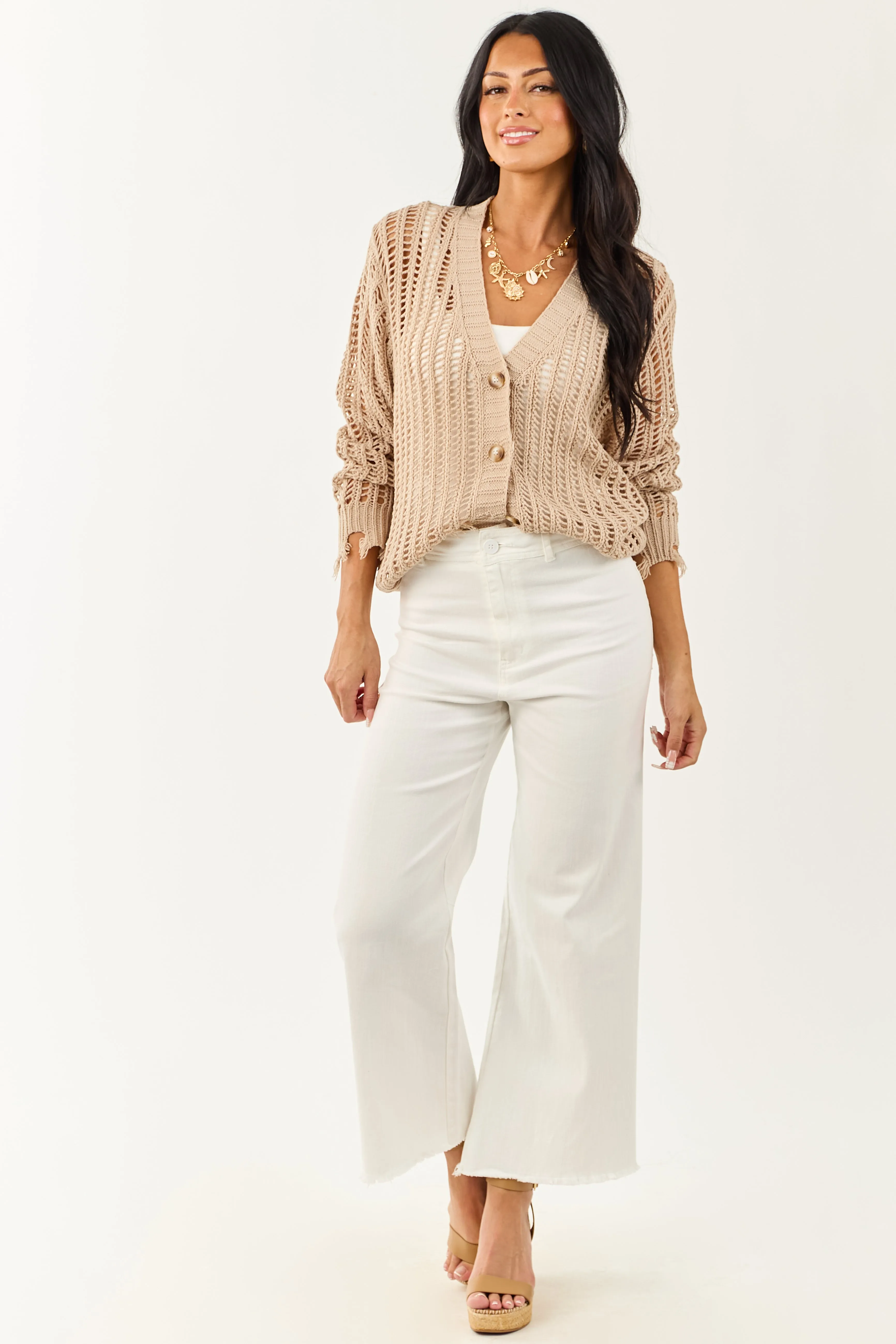 Taupe Open Knit Frayed Trim Button Up Cardigan sold by Lime Lush product image thumbnail 2