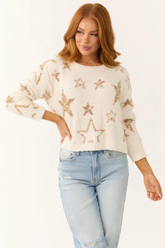 Mello Ivory Star Pattern Fuzzy Knit Sweater sold by Lime Lush
