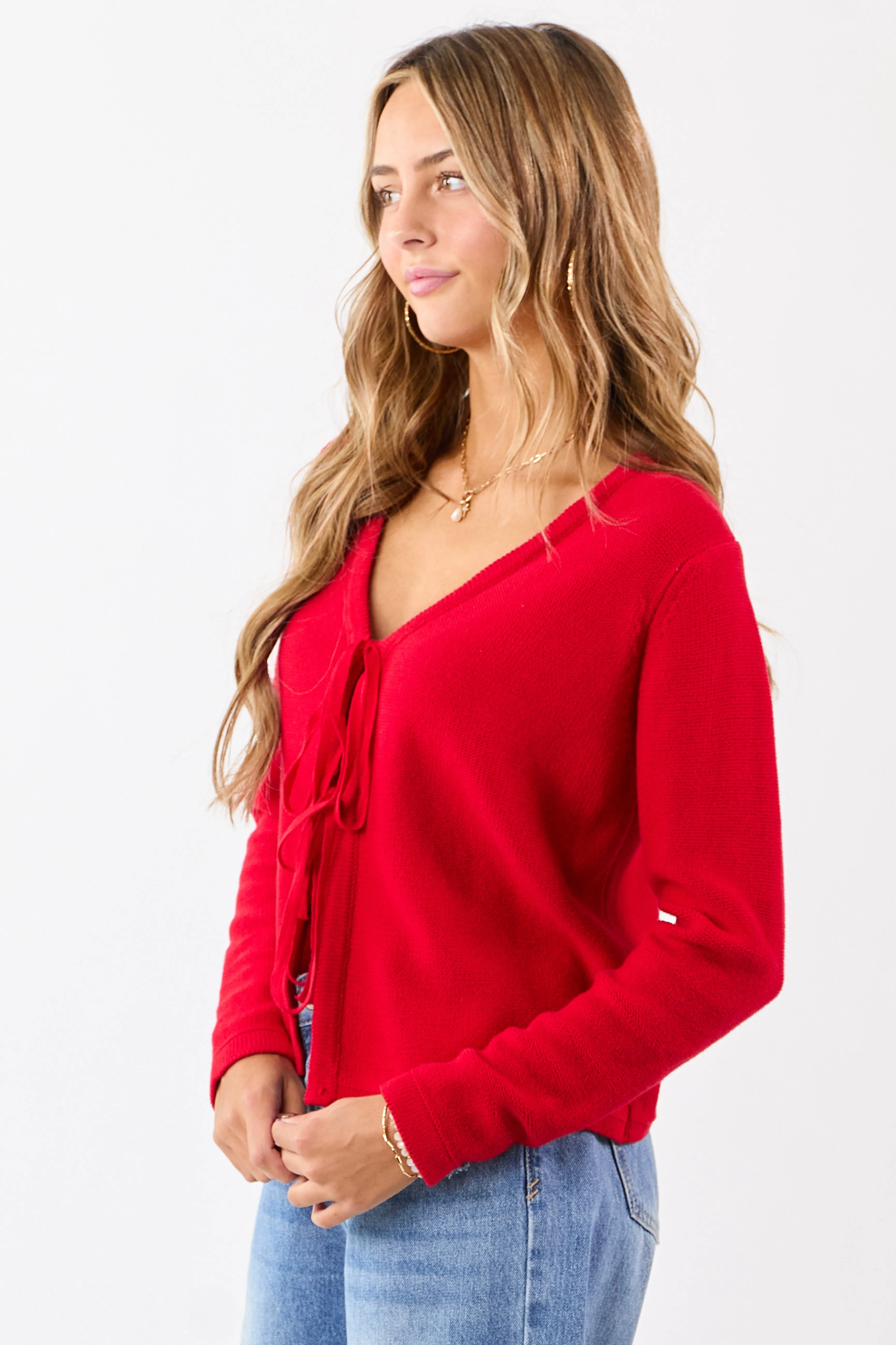 Lipstick Cotton Front Tie V-Neck Sweater Cardigan sold by Lime Lush product image thumbnail 4