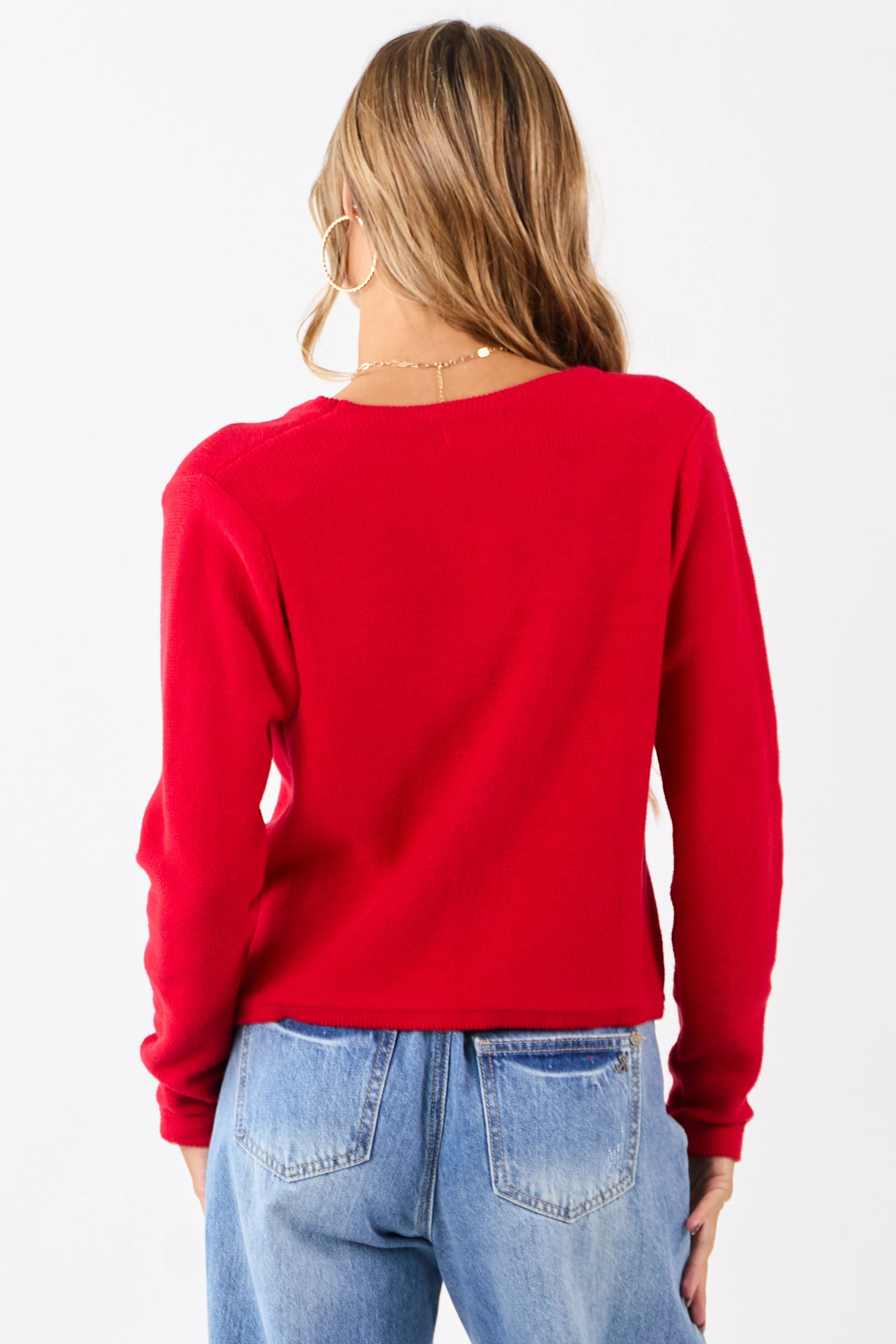 Lipstick Cotton Front Tie V-Neck Sweater Cardigan sold by Lime Lush product image thumbnail 5