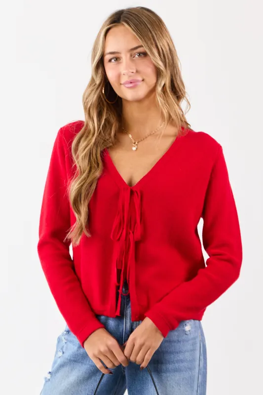 Lipstick Cotton Front Tie V-Neck Sweater Cardigan sold by Lime Lush