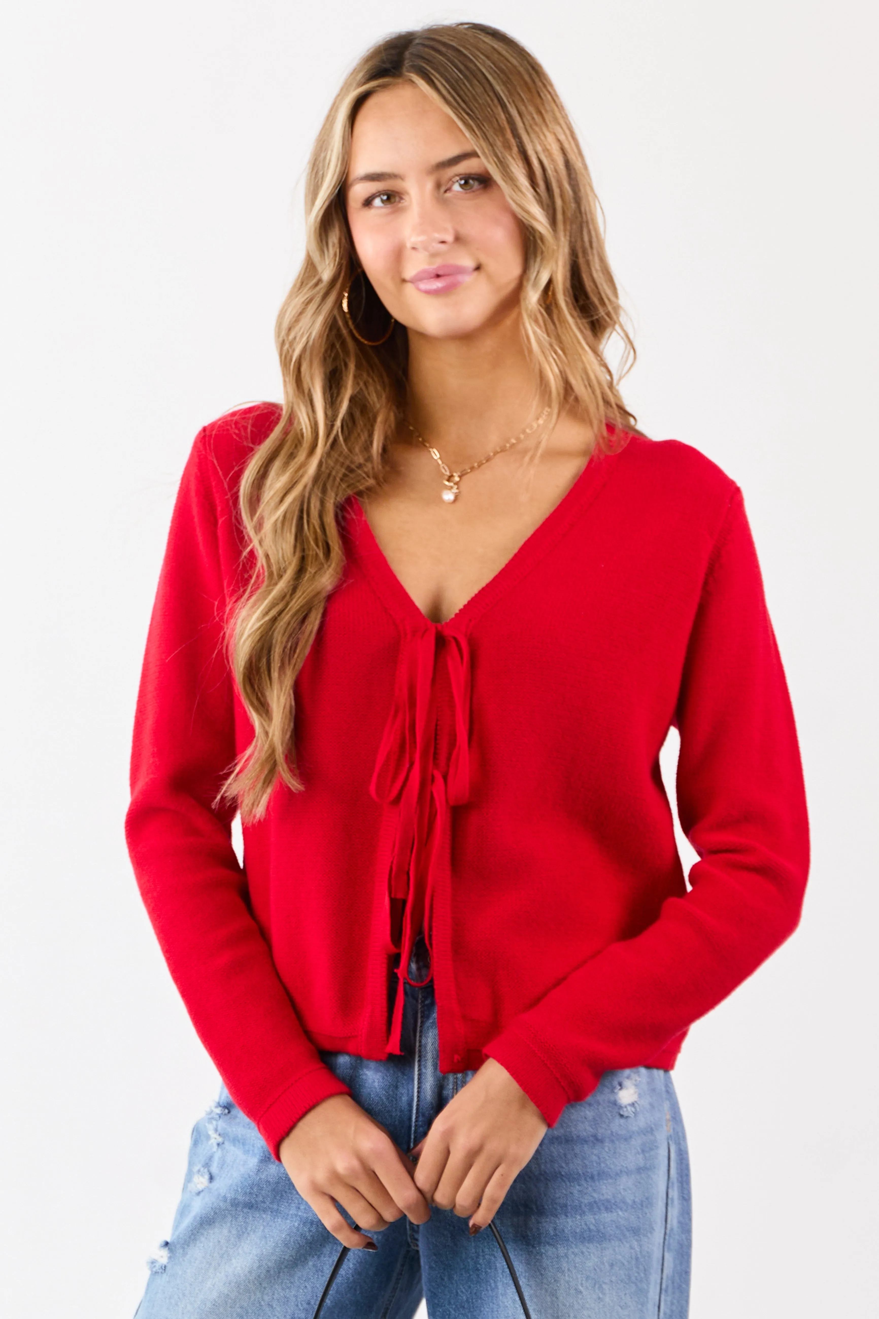 Lipstick Cotton Front Tie V-Neck Sweater Cardigan sold by Lime Lush