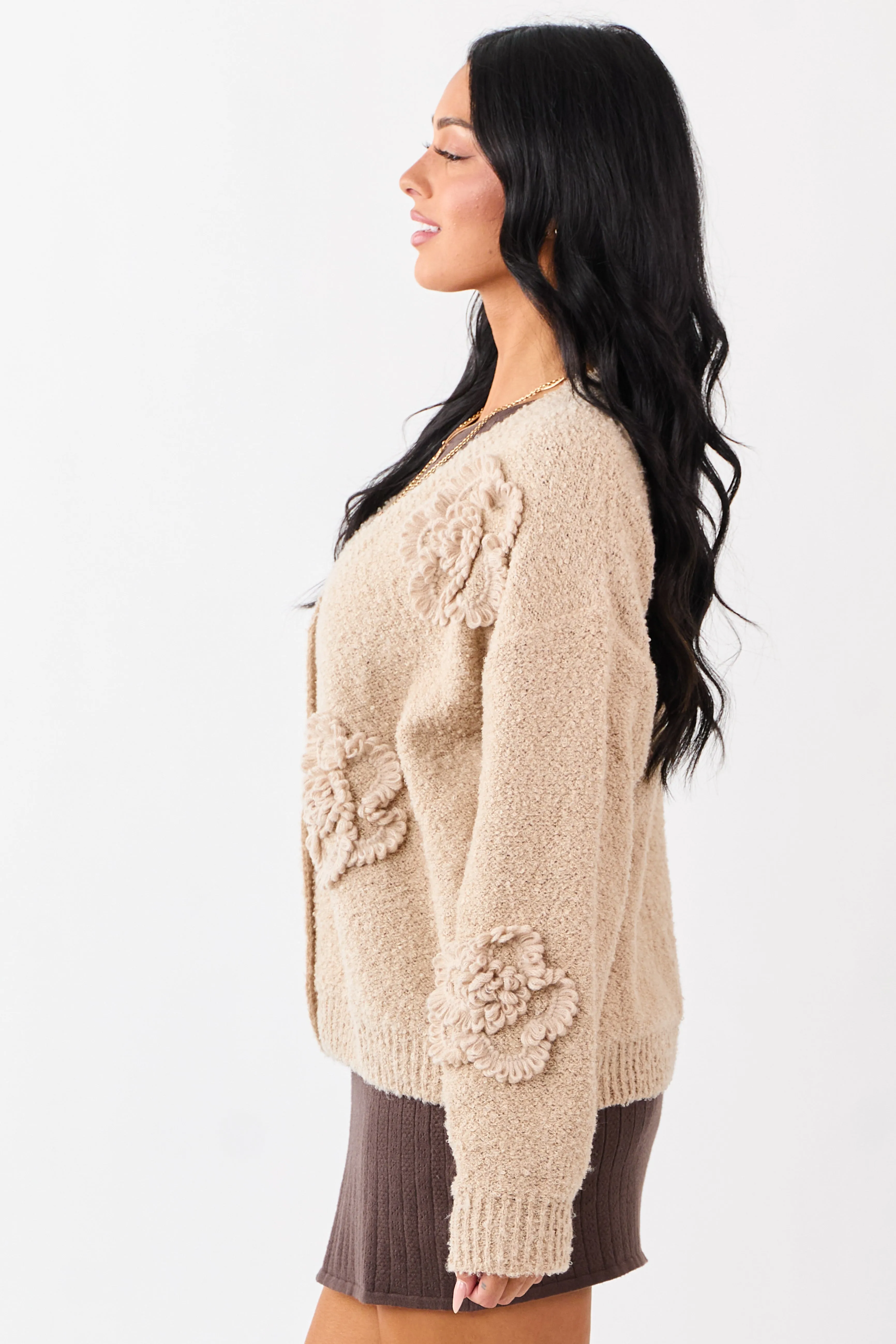 Khaki 3D Floral Applique Button Down Cardigan sold by Lime Lush product image thumbnail 4