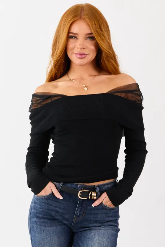 Black Cropped Off Shoulder Long Sleeve Knit Top sold by Lime Lush