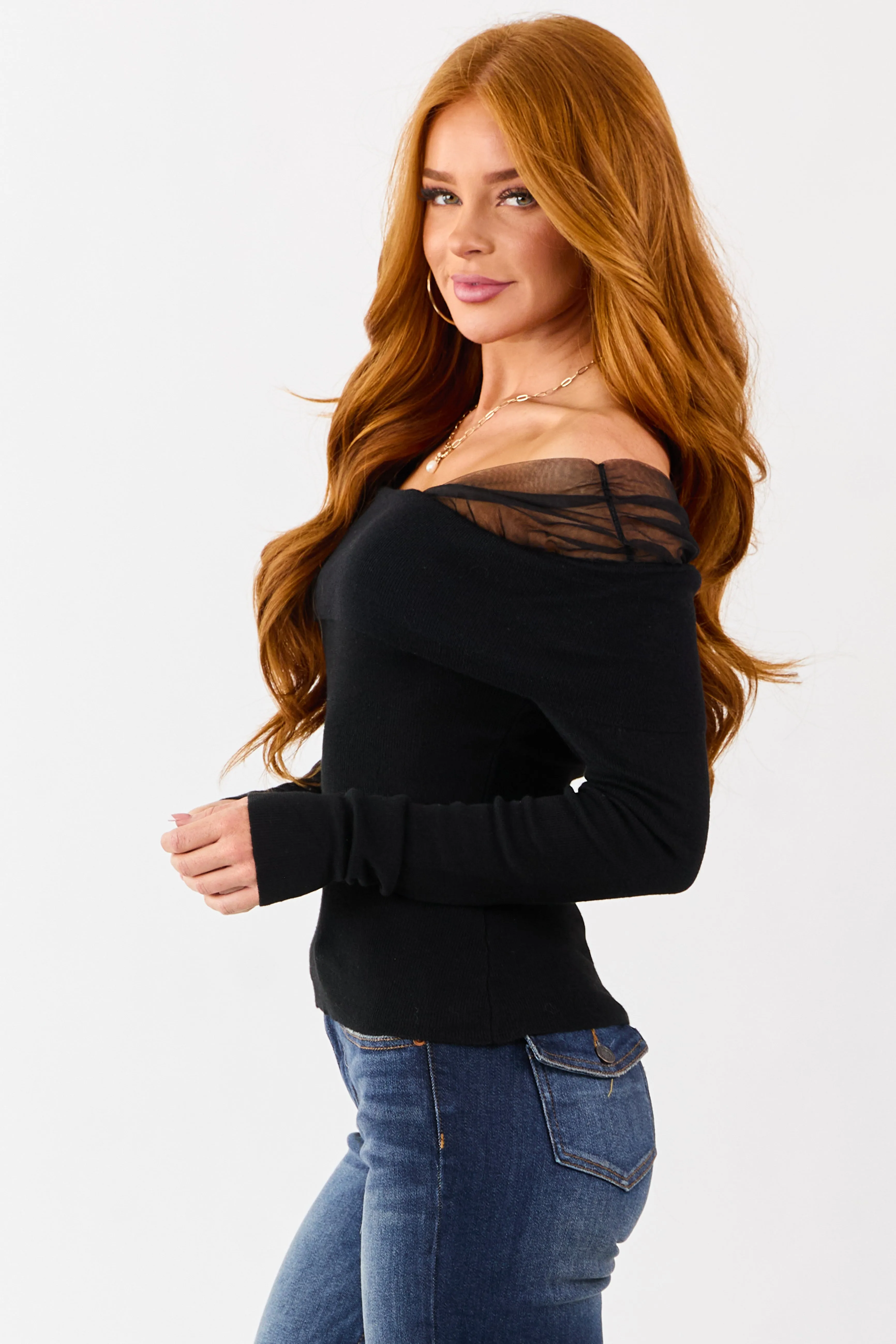 Black Cropped Off Shoulder Long Sleeve Knit Top sold by Lime Lush product image thumbnail 4