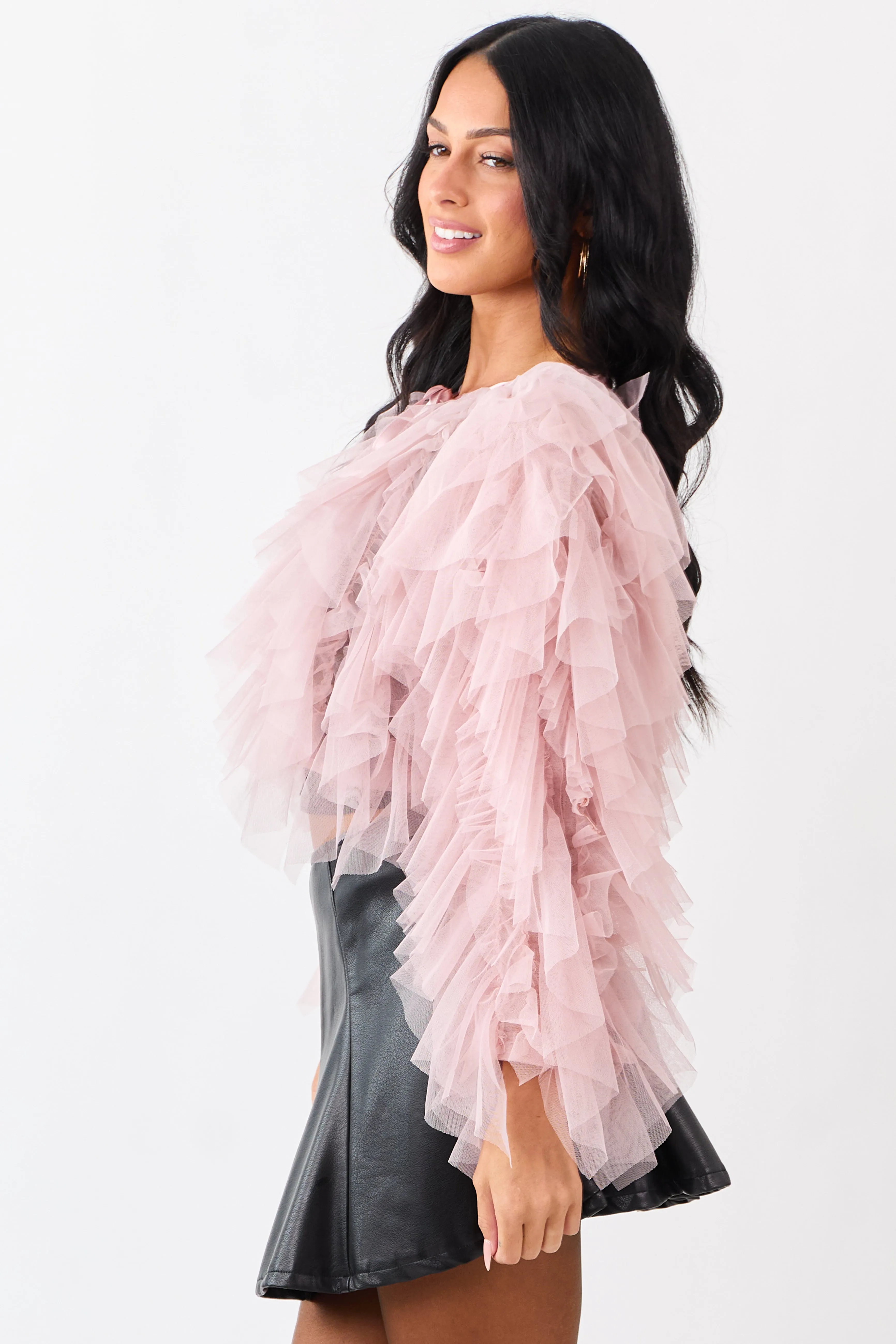 Dusty Blush Tulle Ruffle Cropped Cardigan sold by Lime Lush product image thumbnail 4