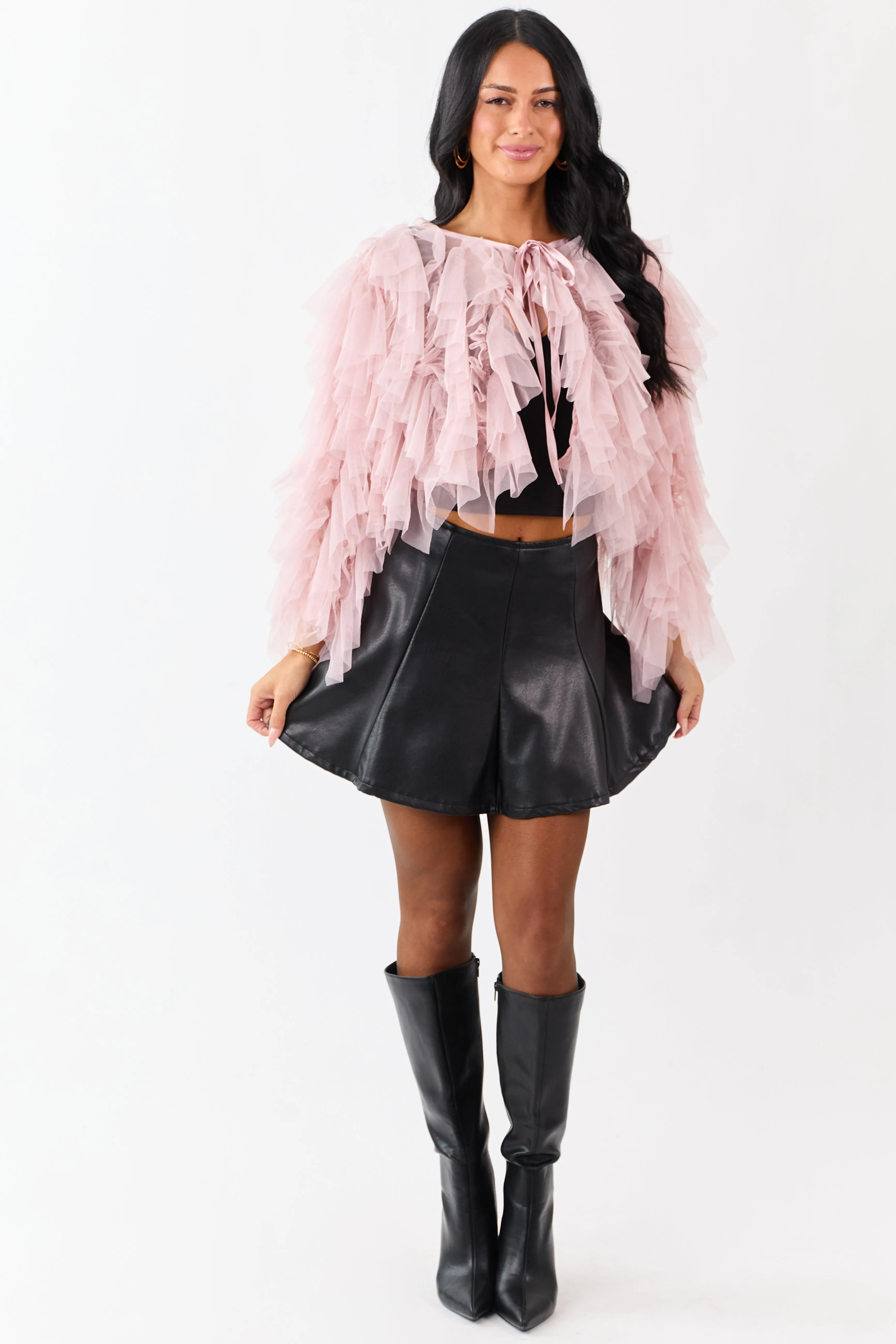 Dusty Blush Tulle Ruffle Cropped Cardigan sold by Lime Lush product image thumbnail 3