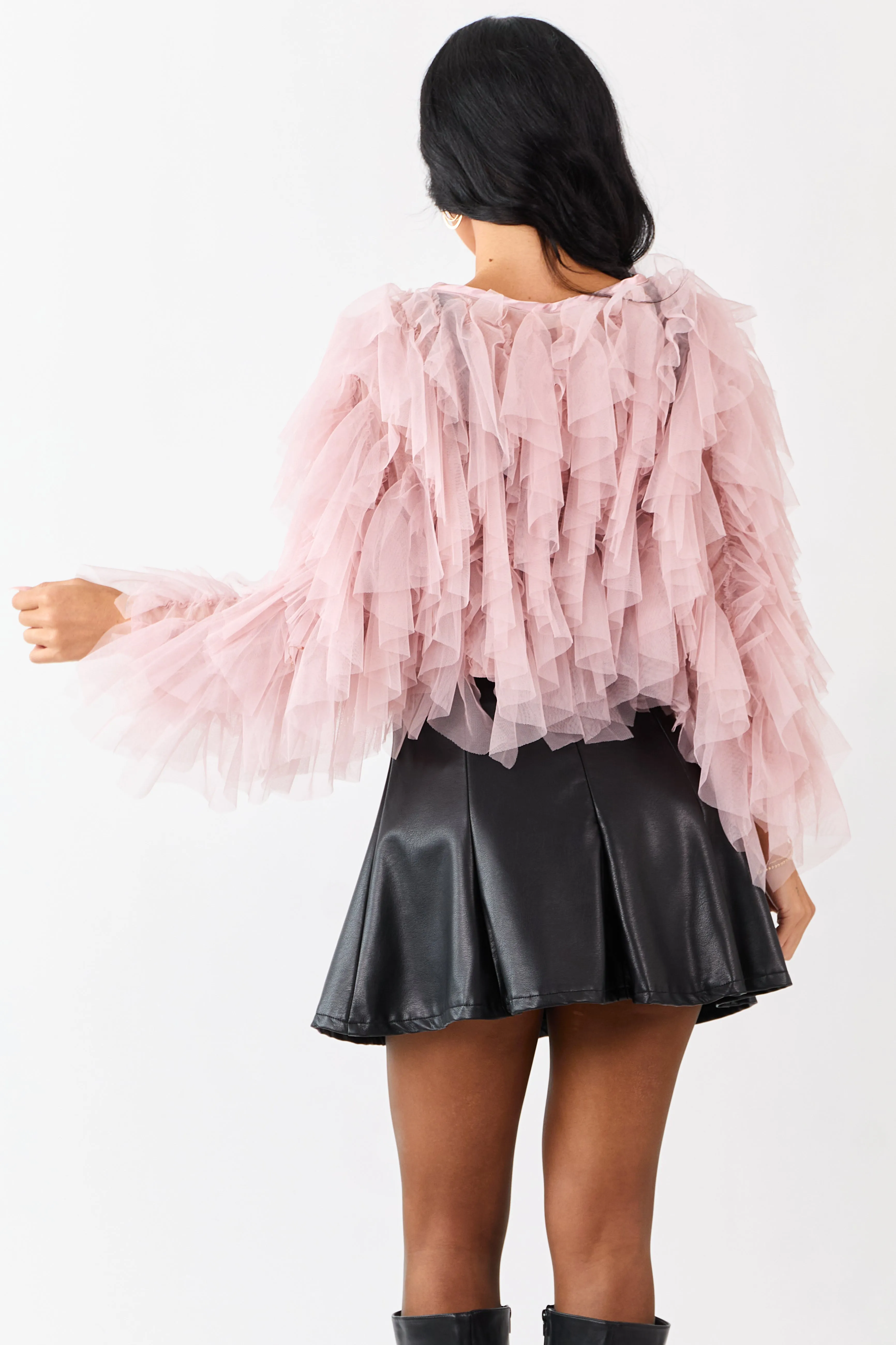 Dusty Blush Tulle Ruffle Cropped Cardigan sold by Lime Lush product image thumbnail 5