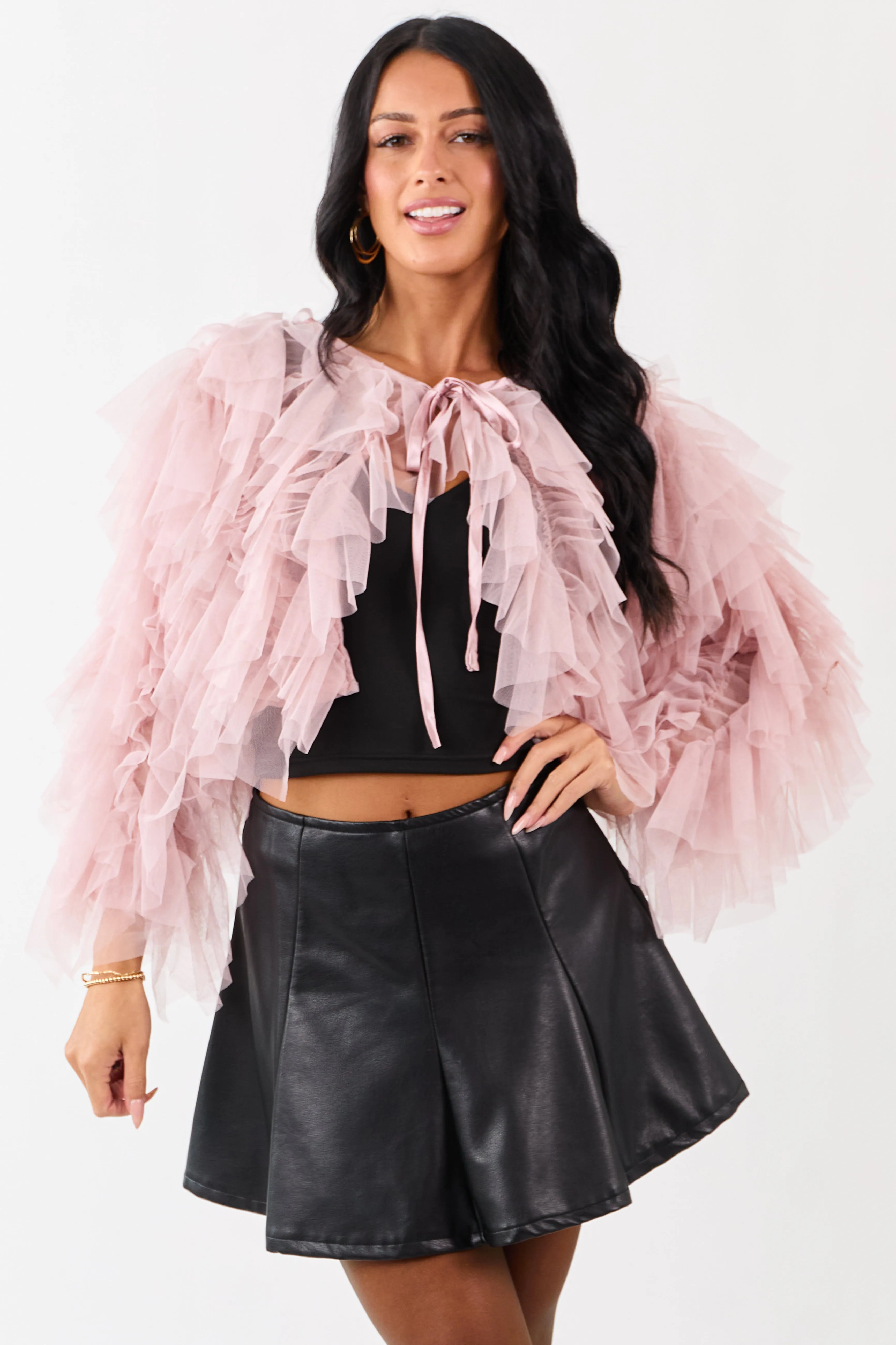 Dusty Blush Tulle Ruffle Cropped Cardigan sold by Lime Lush