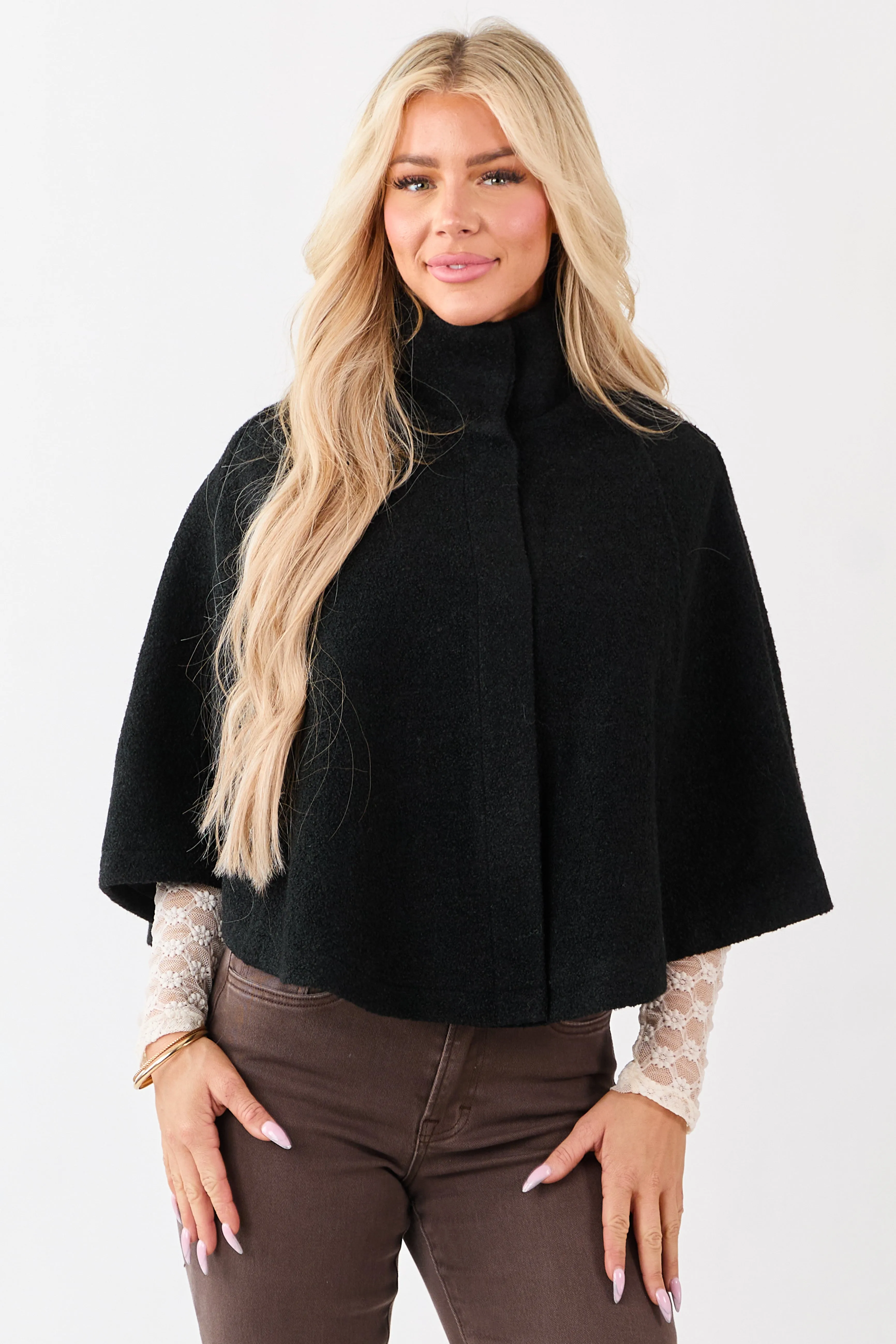 Lovelo Black Wool Blend Snap Button Cape Jacket sold by Lime Lush