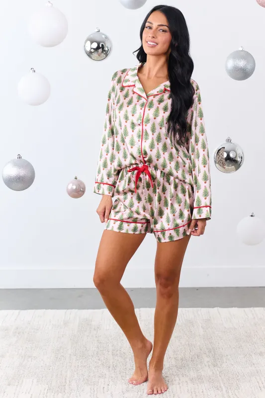 She+Sky Blush Holiday Tree Satin Top and Shorts Set sold by Lime Lush