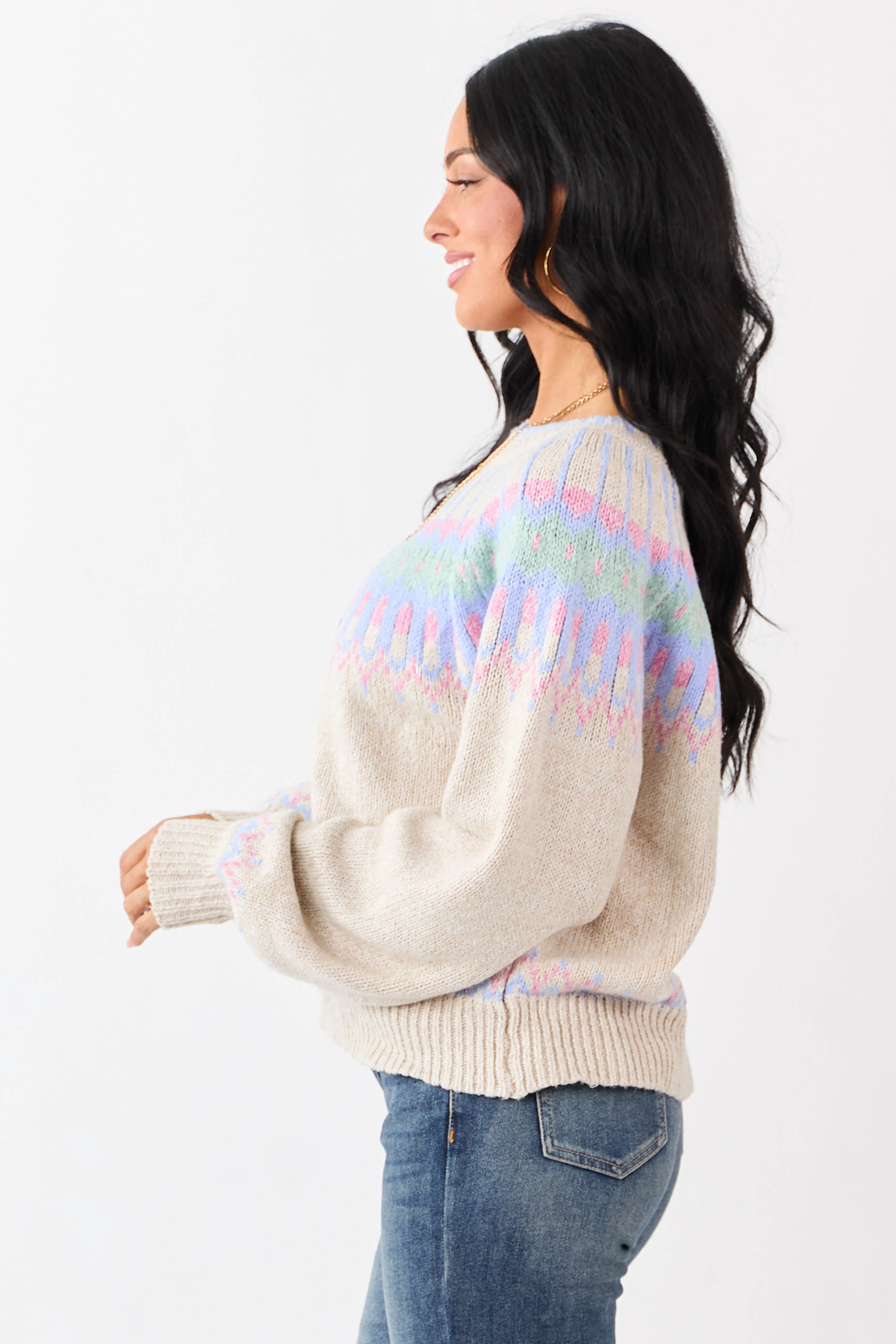 Almond Fair Isle Ribbed Trim Long Sleeve Sweater sold by Lime Lush product image thumbnail 4