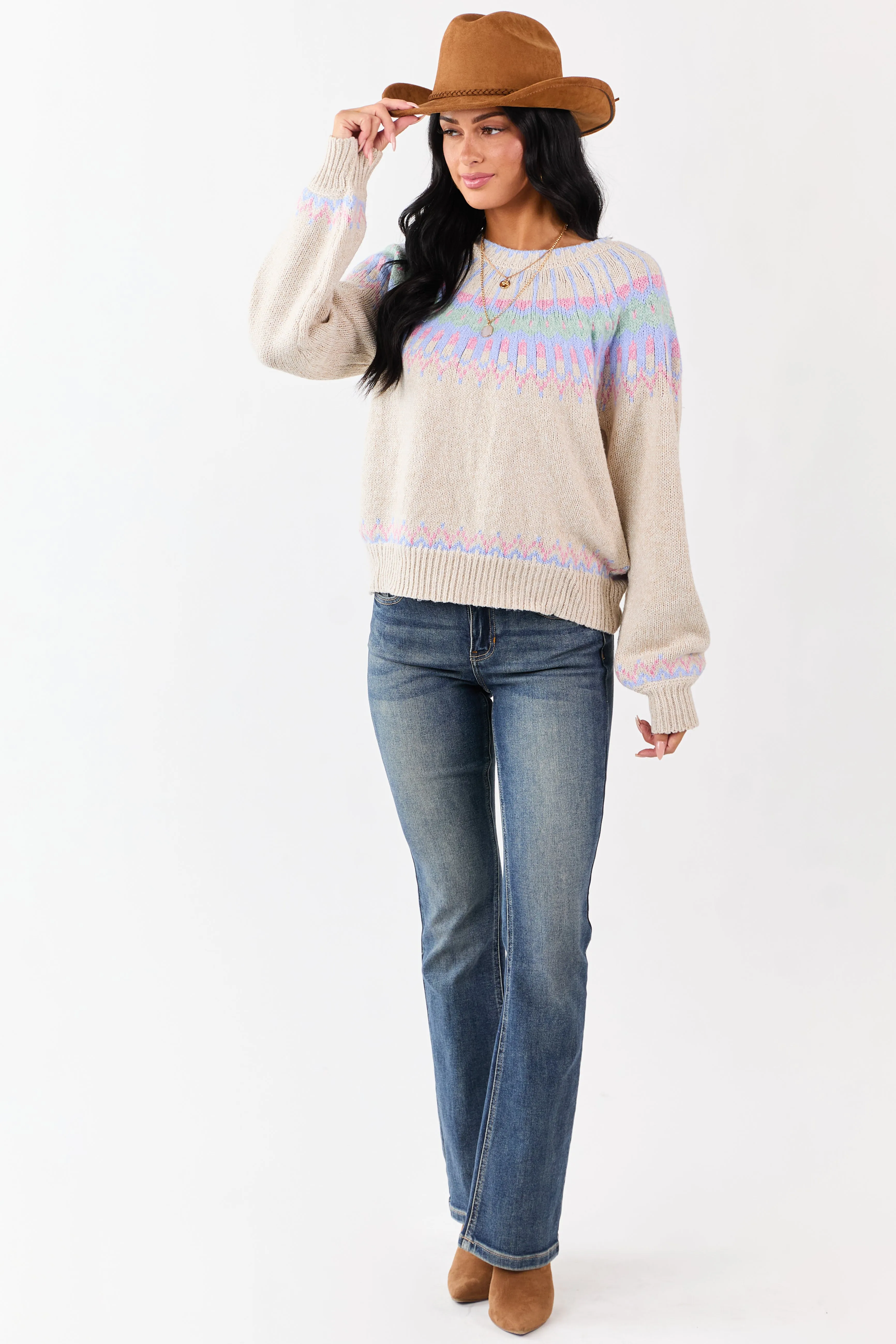 Almond Fair Isle Ribbed Trim Long Sleeve Sweater sold by Lime Lush product image thumbnail 3