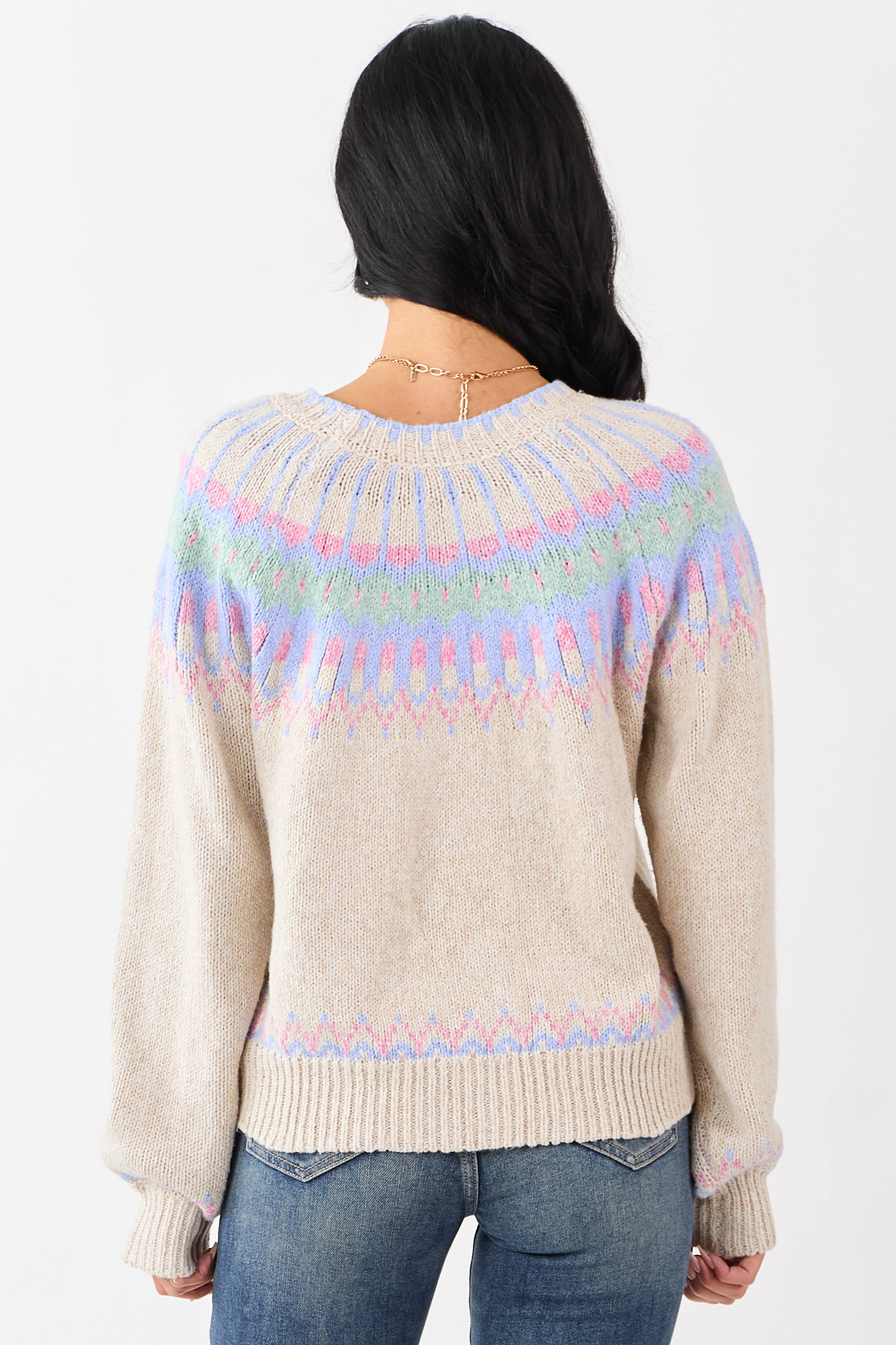 Almond Fair Isle Ribbed Trim Long Sleeve Sweater sold by Lime Lush product image thumbnail 5