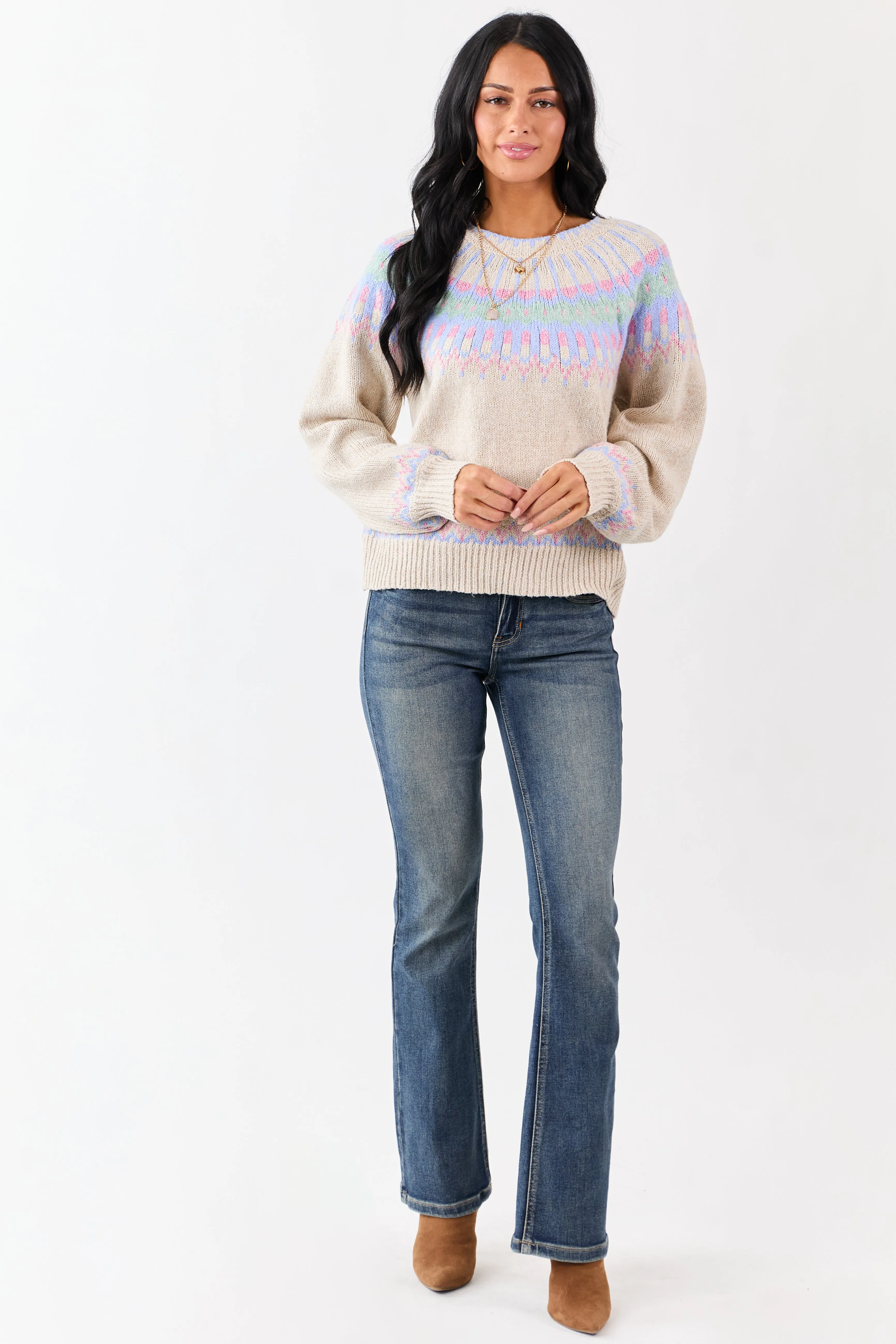 Almond Fair Isle Ribbed Trim Long Sleeve Sweater sold by Lime Lush product image thumbnail 2