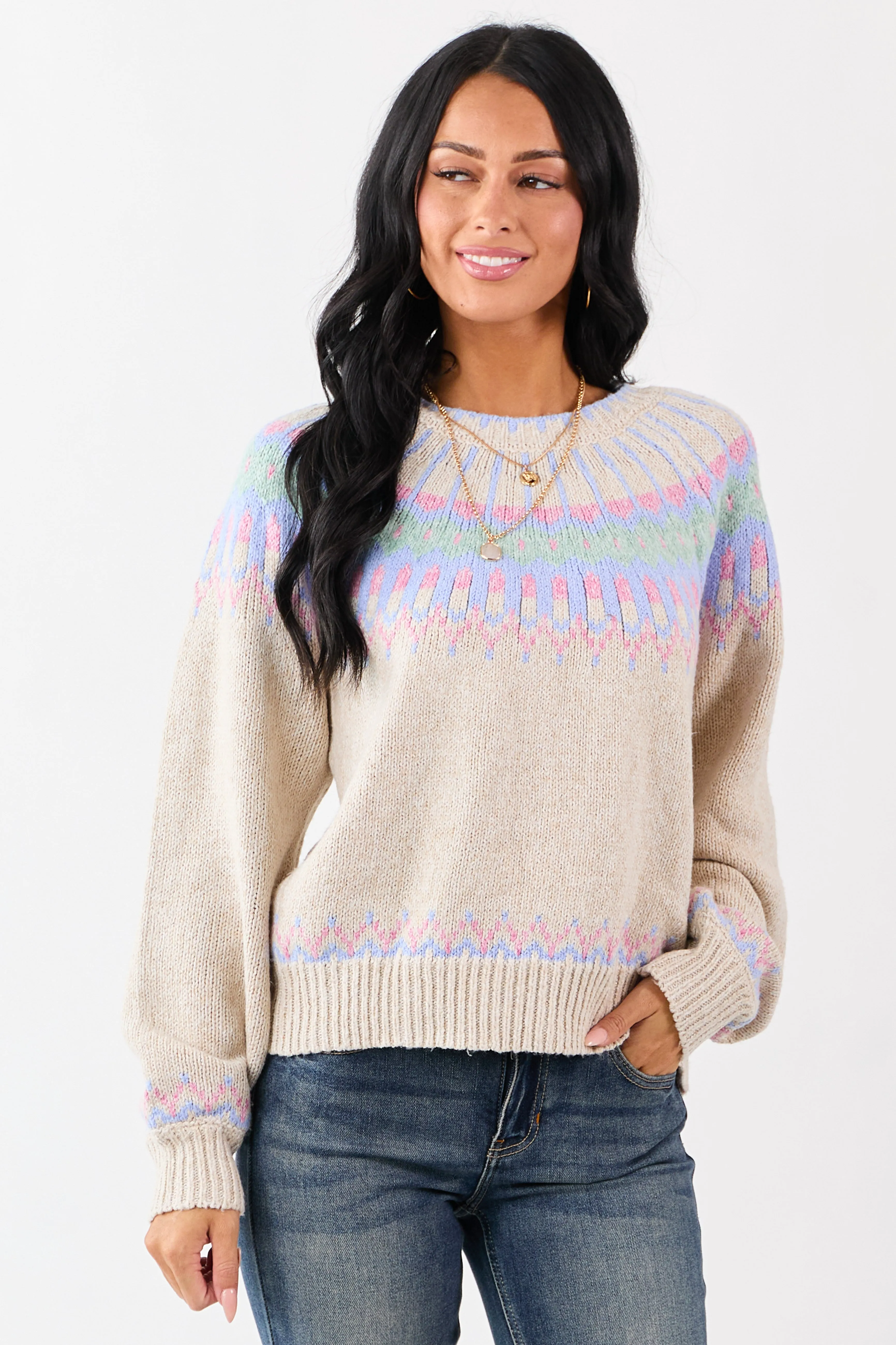 Almond Fair Isle Ribbed Trim Long Sleeve Sweater sold by Lime Lush