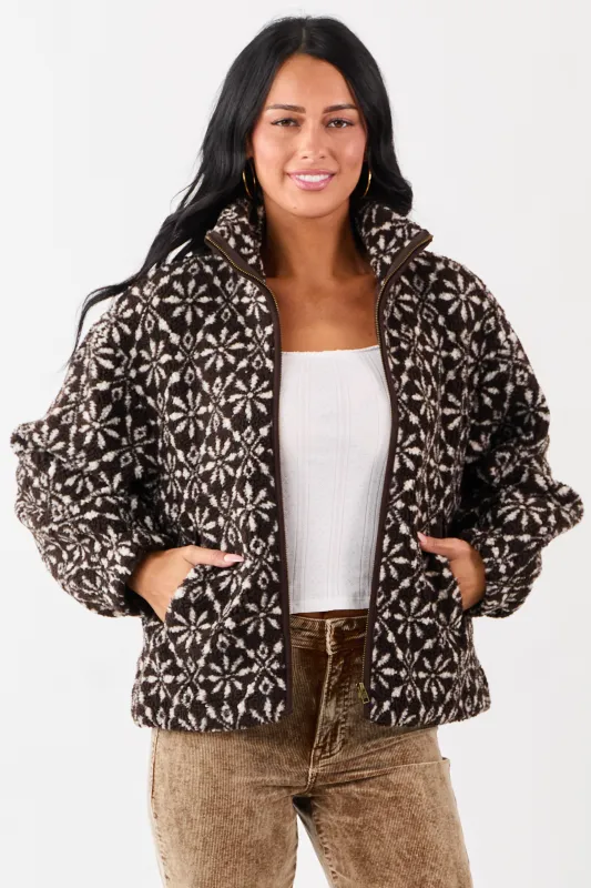 Dark Cocoa Snowflake Pattern Zip Up Sherpa Jacket sold by Lime Lush