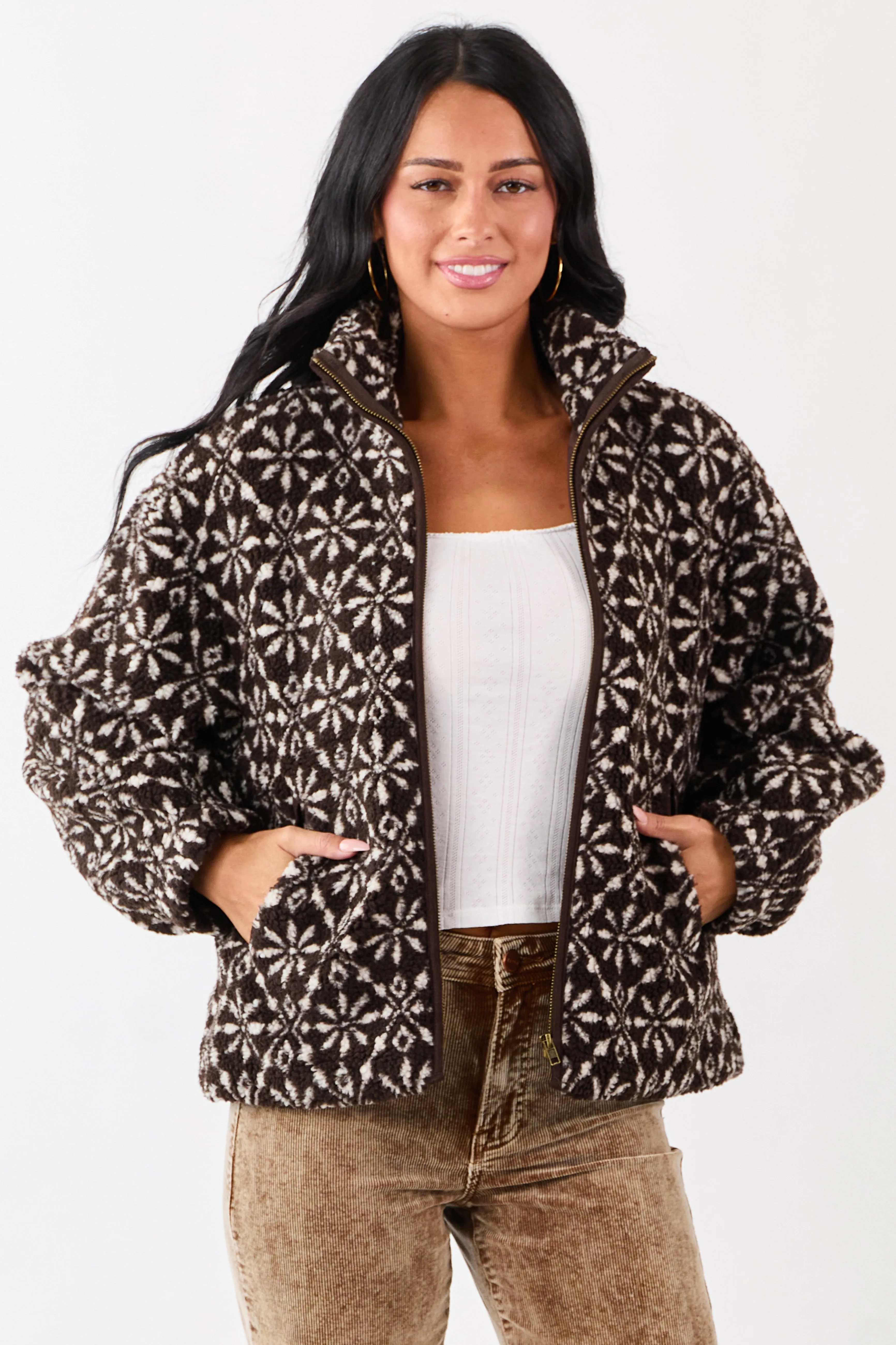 Dark Cocoa Snowflake Pattern Zip Up Sherpa Jacket sold by Lime Lush