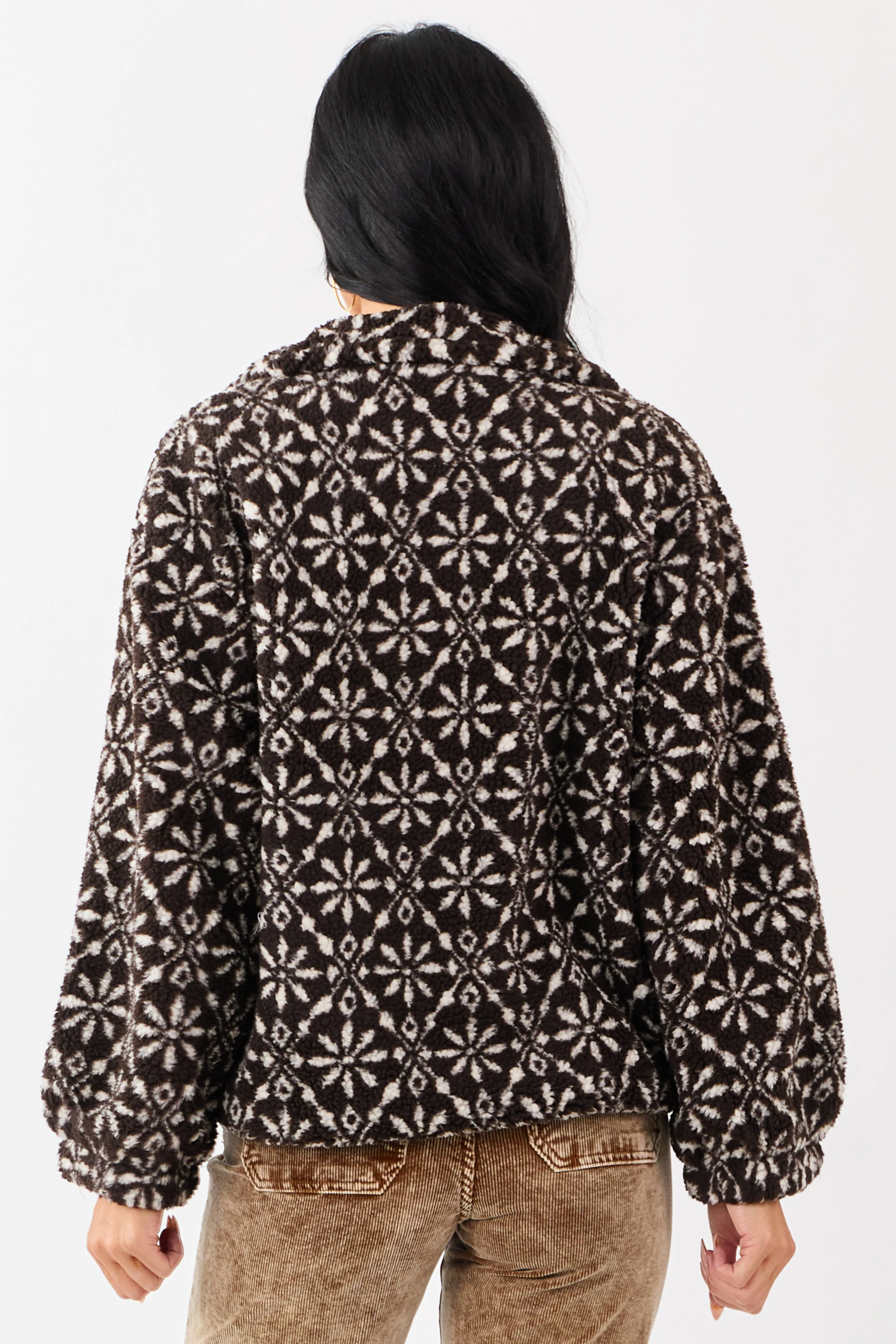 Dark Cocoa Snowflake Pattern Zip Up Sherpa Jacket sold by Lime Lush product image thumbnail 5