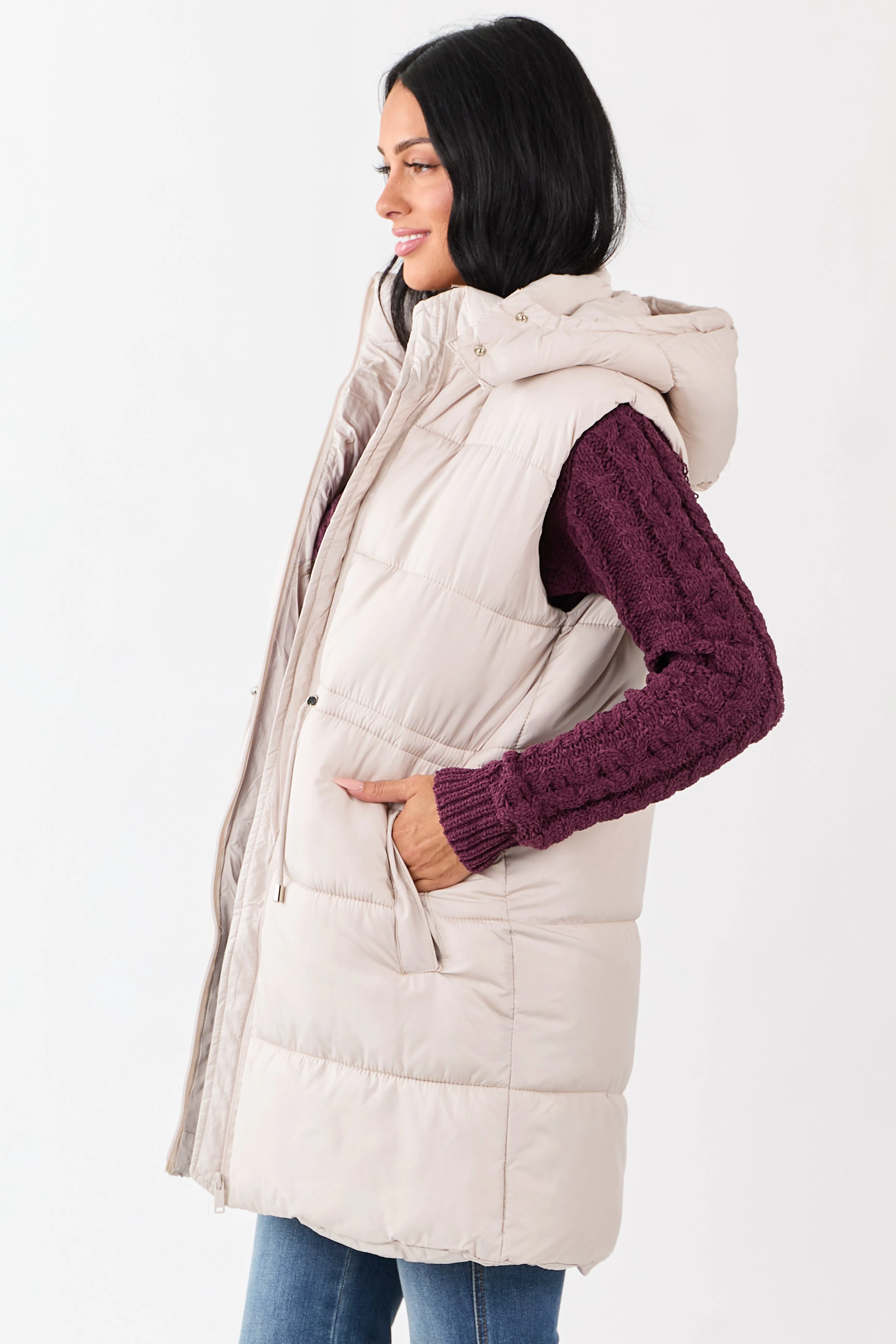 Vanilla Hooded Zip Up Quilted Long Puffer Vest sold by Lime Lush product image thumbnail 4