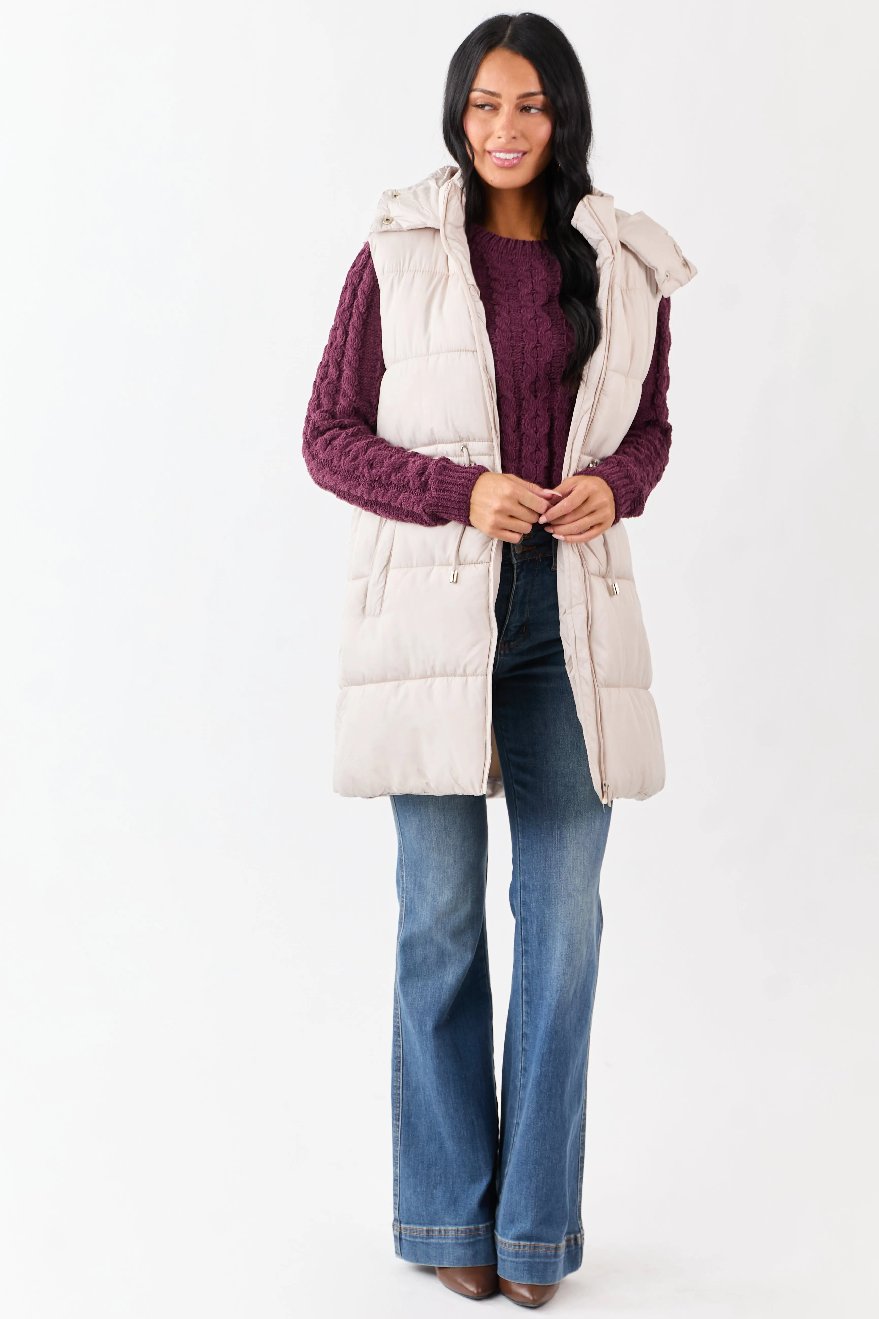 Vanilla Hooded Zip Up Quilted Long Puffer Vest sold by Lime Lush product image thumbnail 2