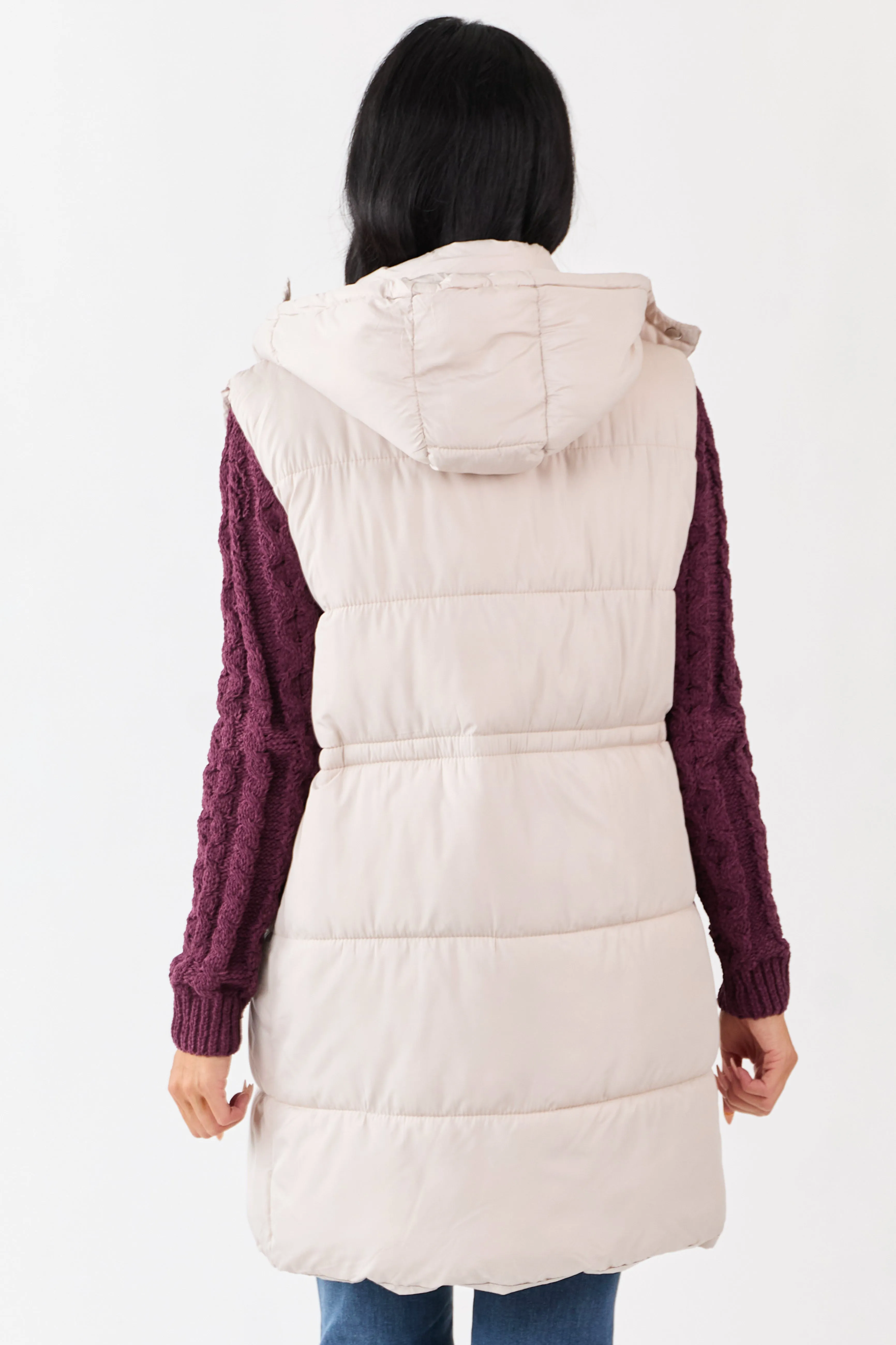 Vanilla Hooded Zip Up Quilted Long Puffer Vest sold by Lime Lush product image thumbnail 5