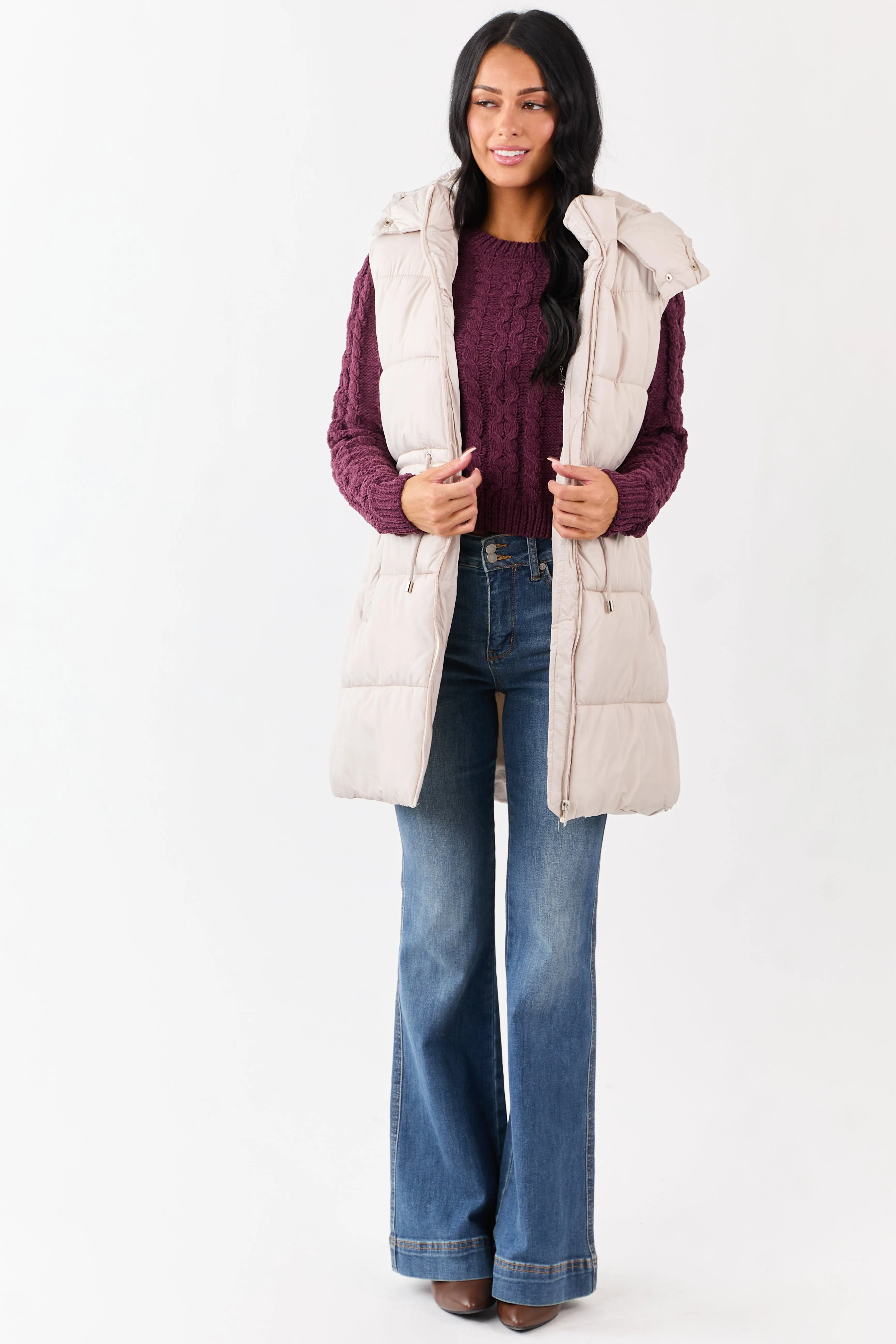 Vanilla Hooded Zip Up Quilted Long Puffer Vest sold by Lime Lush product image thumbnail 3