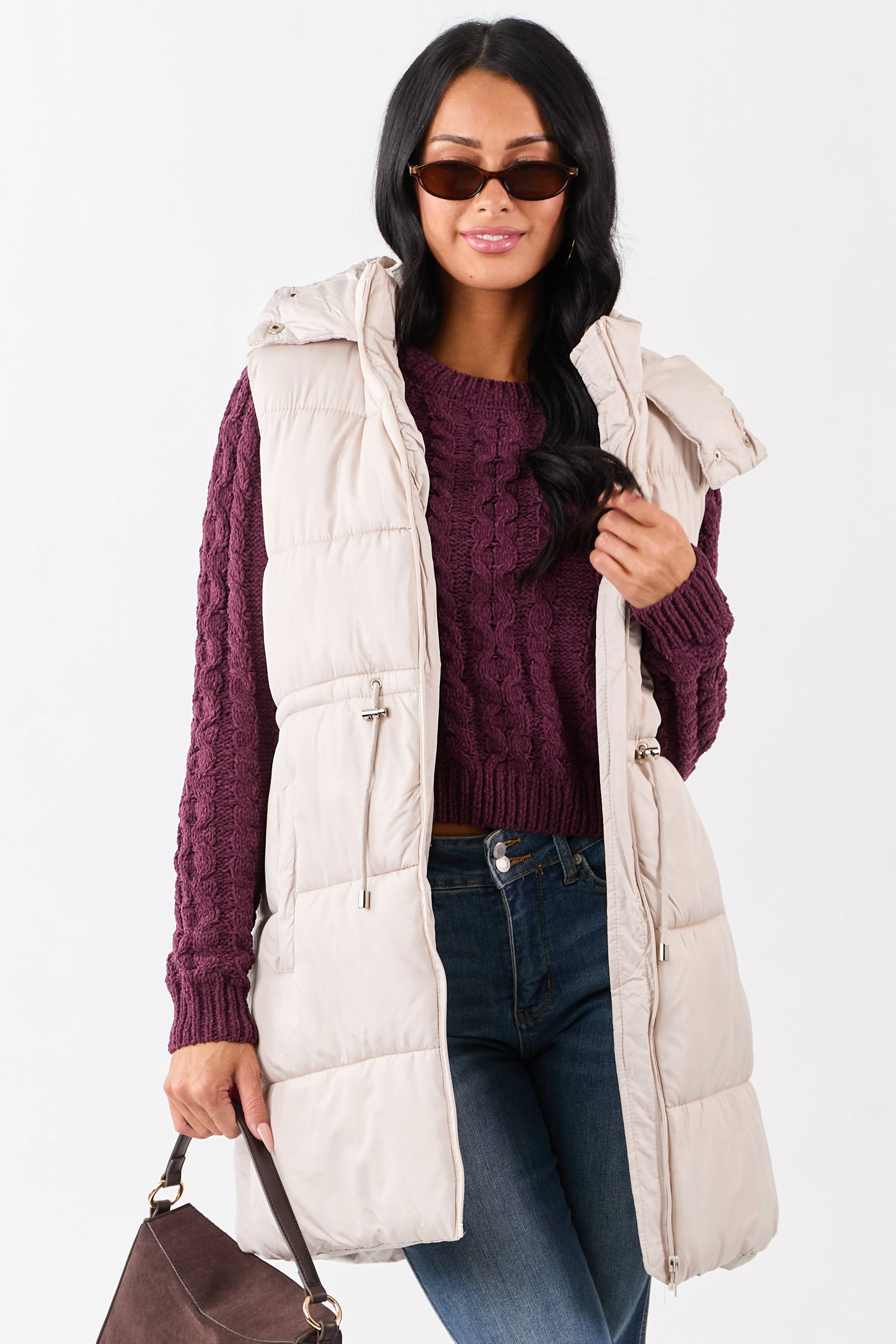 Vanilla Hooded Zip Up Quilted Long Puffer Vest sold by Lime Lush