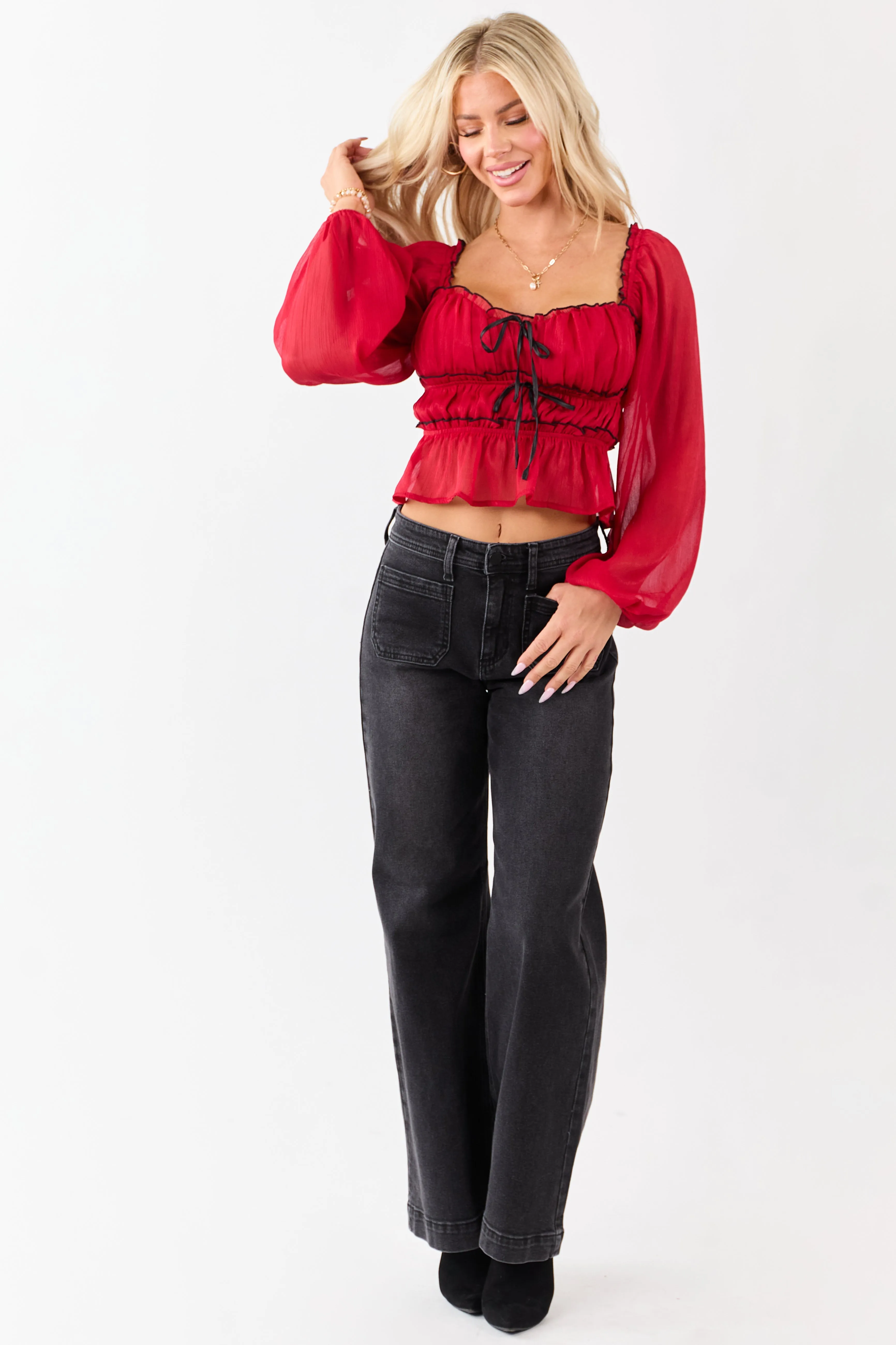 Ruby Tiered Bow Detail Lettuce Trim Long Sleeve Top sold by Lime Lush product image thumbnail 4