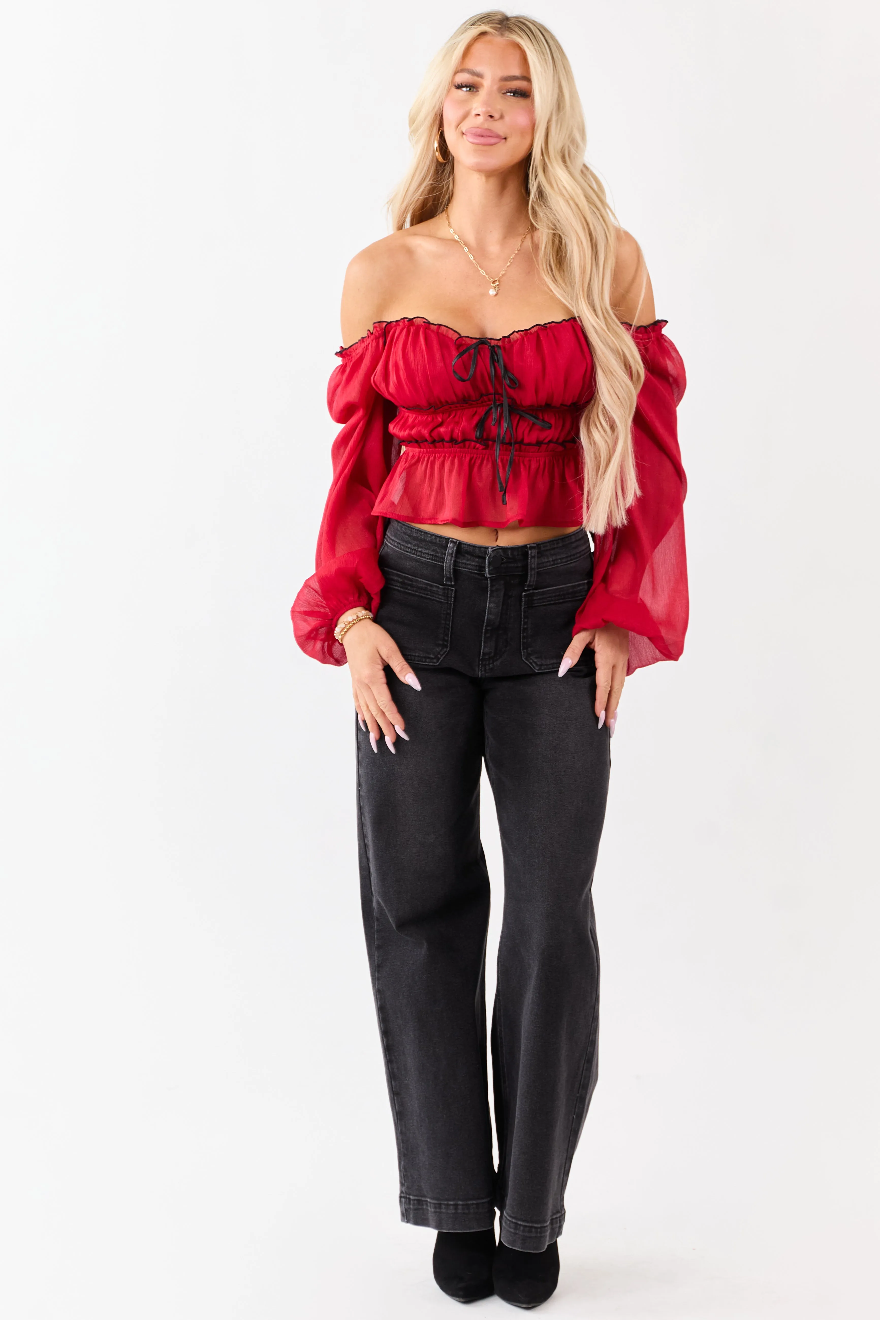 Ruby Tiered Bow Detail Lettuce Trim Long Sleeve Top sold by Lime Lush product image thumbnail 5