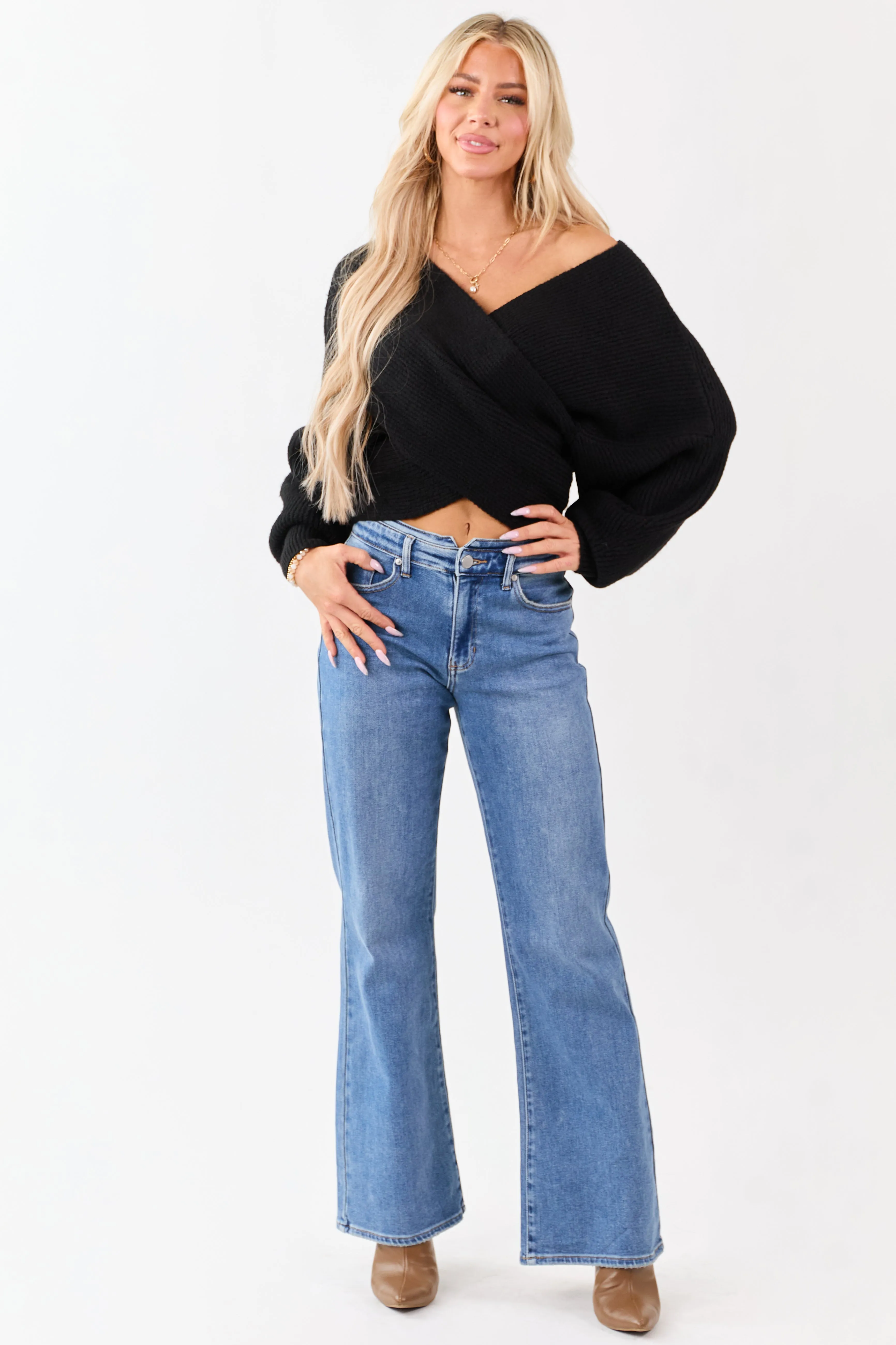 Black Crossover V Neck Puff Sleeve Sweater sold by Lime Lush product image thumbnail 3